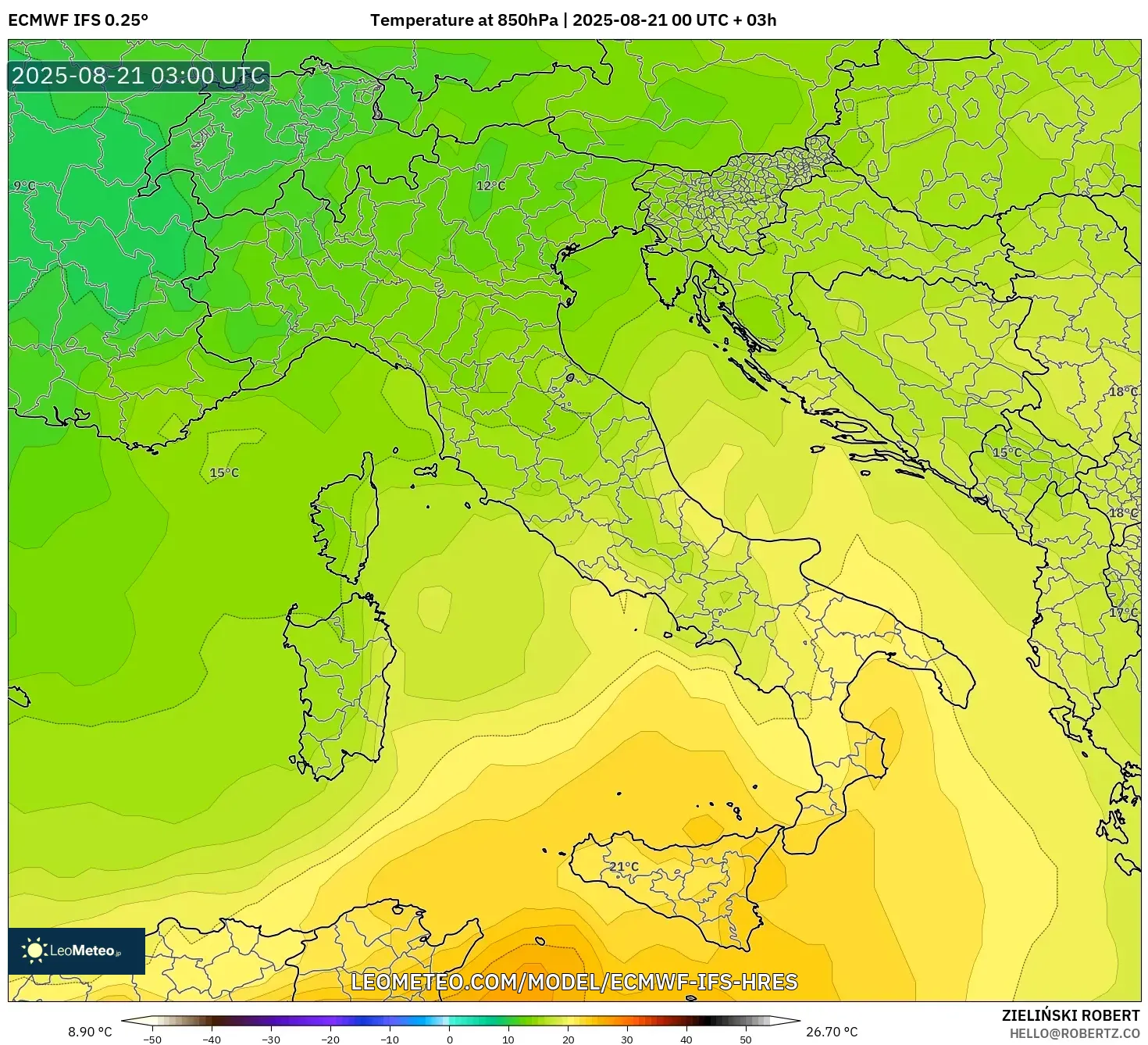 ECMWF IFS 0.25° model - Italy, Temperature at 850hPa
