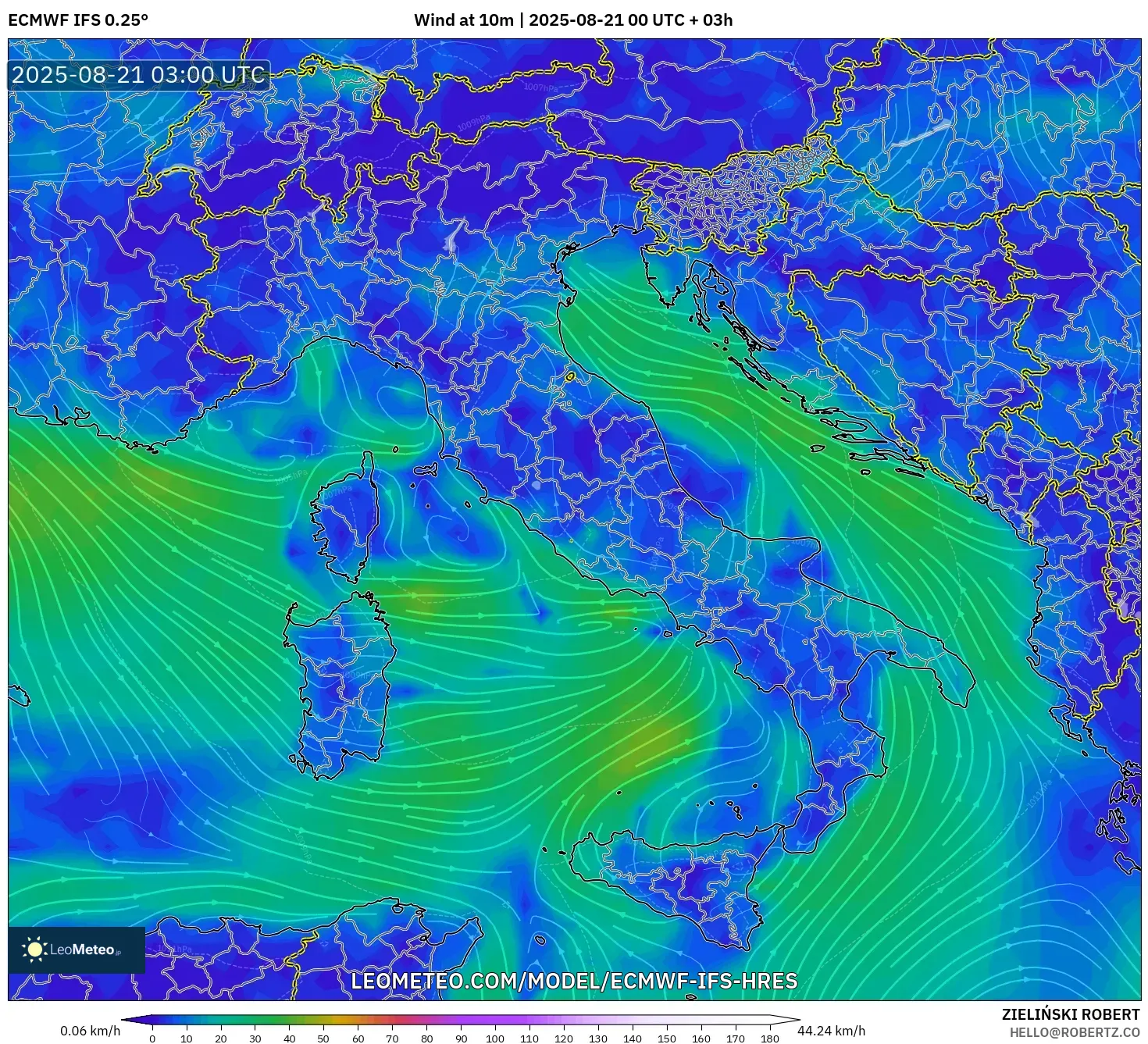ECMWF IFS 0.25° model - Italy, Wind at 10m