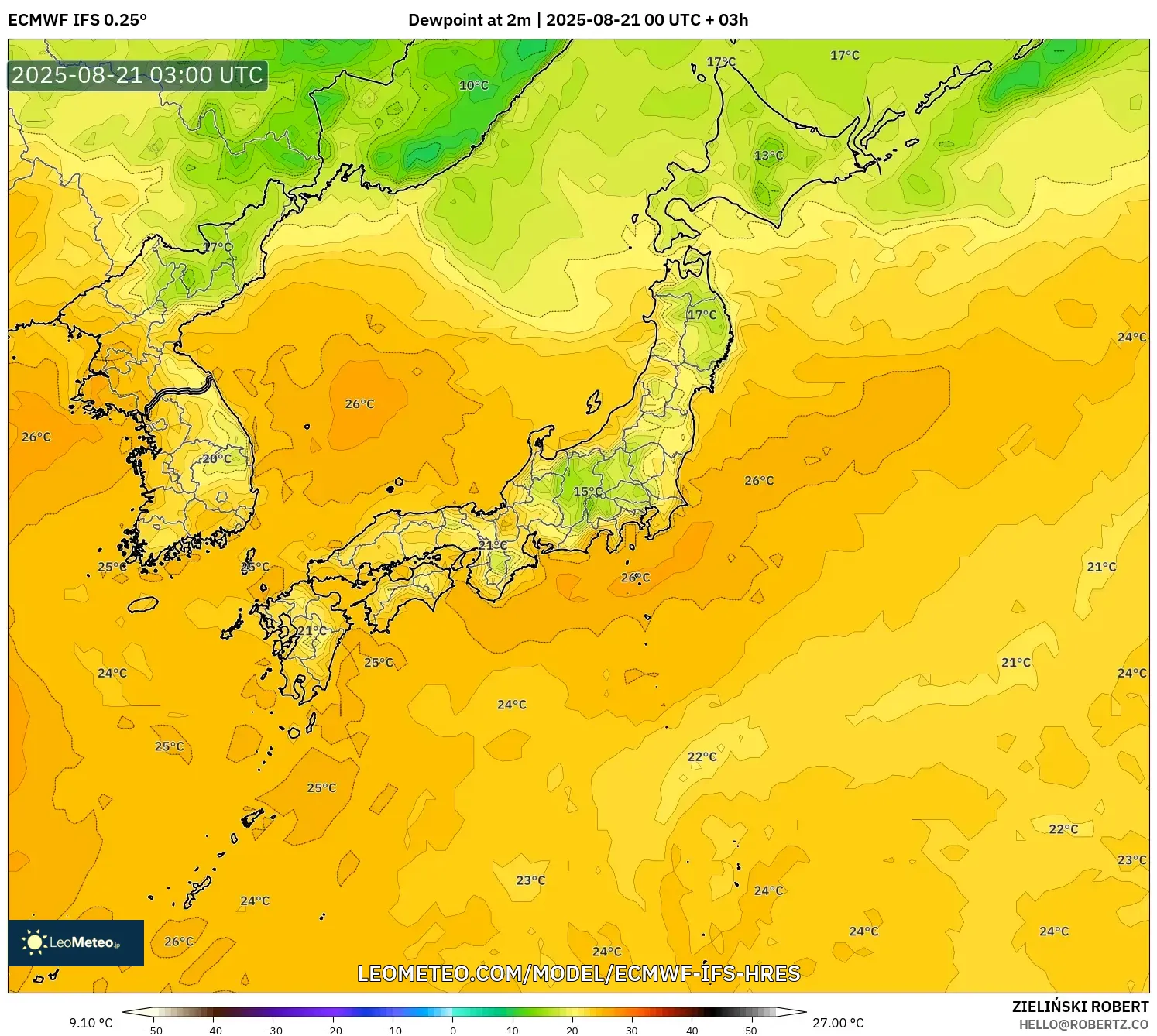 ECMWF IFS 0.25° model - Japan, Dewpoint at 2m