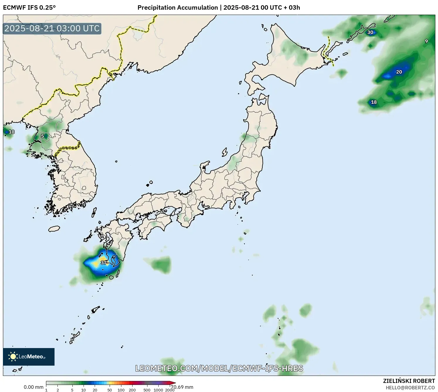 ECMWF IFS 0.25° model - Japan, Precipitation Accumulation