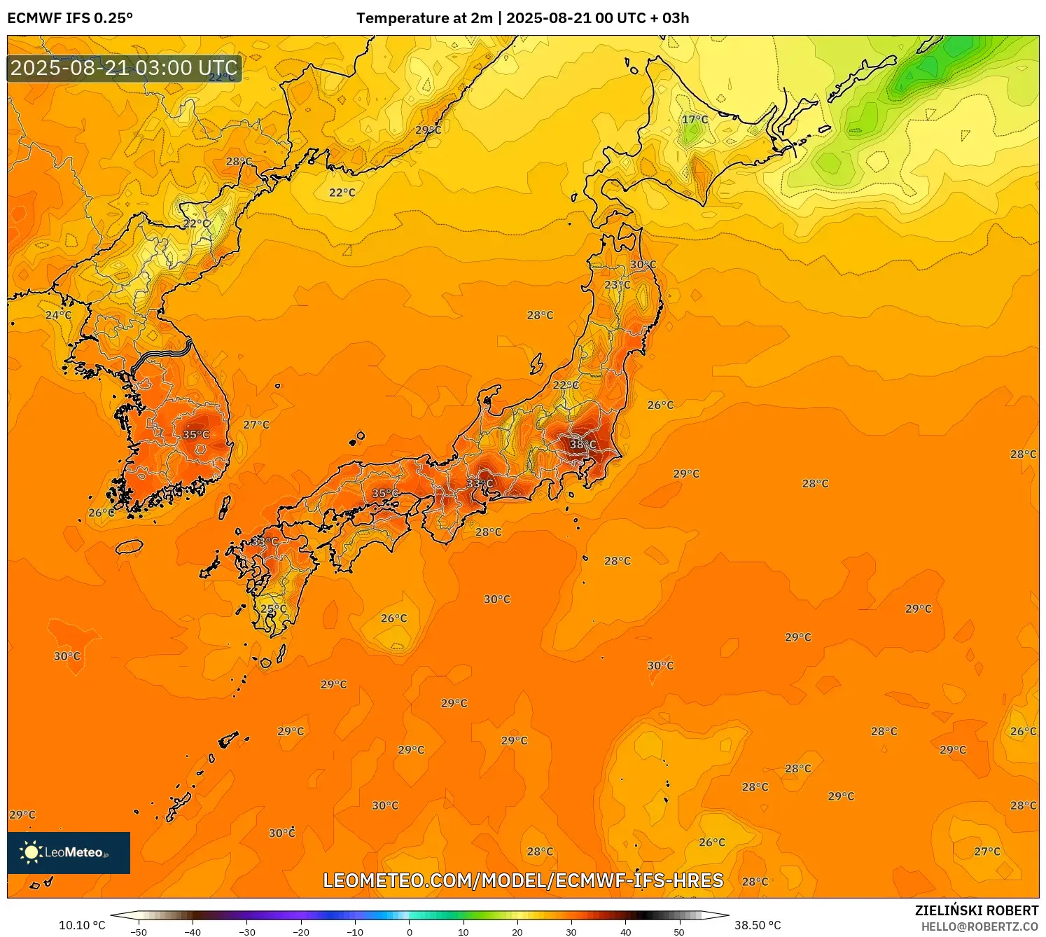 ECMWF IFS 0.25° model - Japan, Temperature at 2m