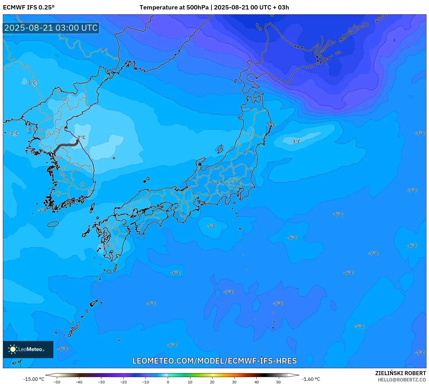 ECMWF IFS 0.25° model - Japan, Temperature at 500hPa