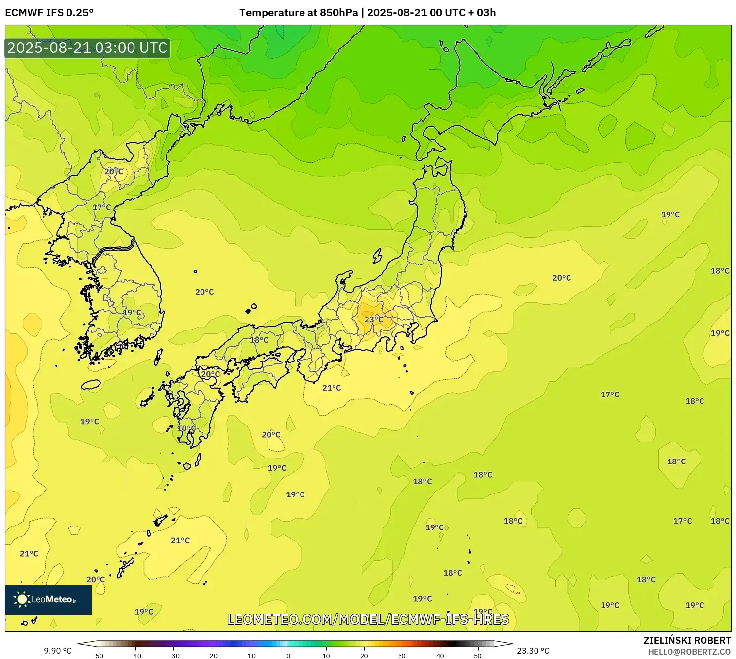 ECMWF IFS 0.25° model - Japan, Temperature at 850hPa