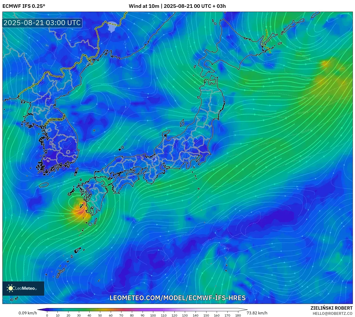 ECMWF IFS 0.25° model - Japan, Wind at 10m