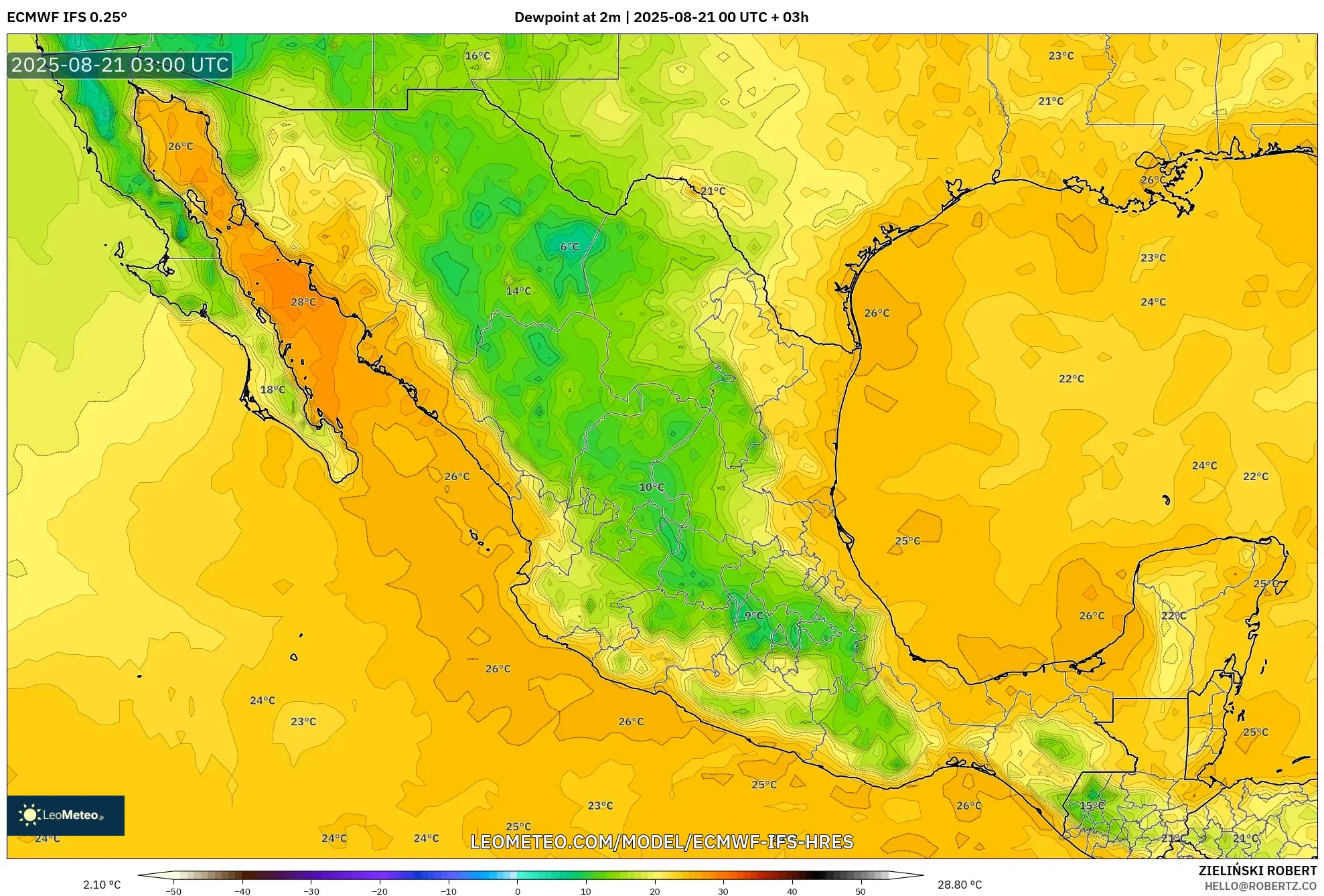ECMWF IFS 0.25° model - Mexico, Dewpoint at 2m