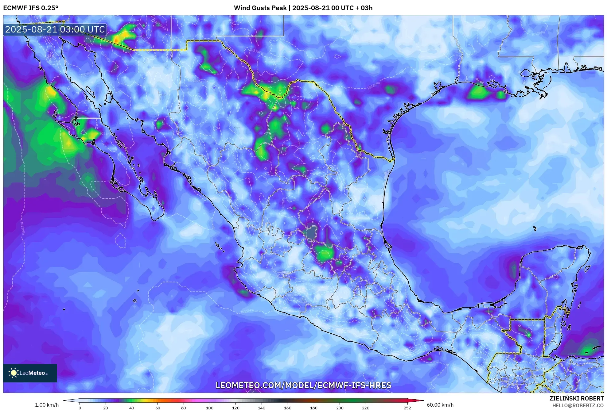 ECMWF IFS 0.25° model - Mexico, Wind Gusts Peak