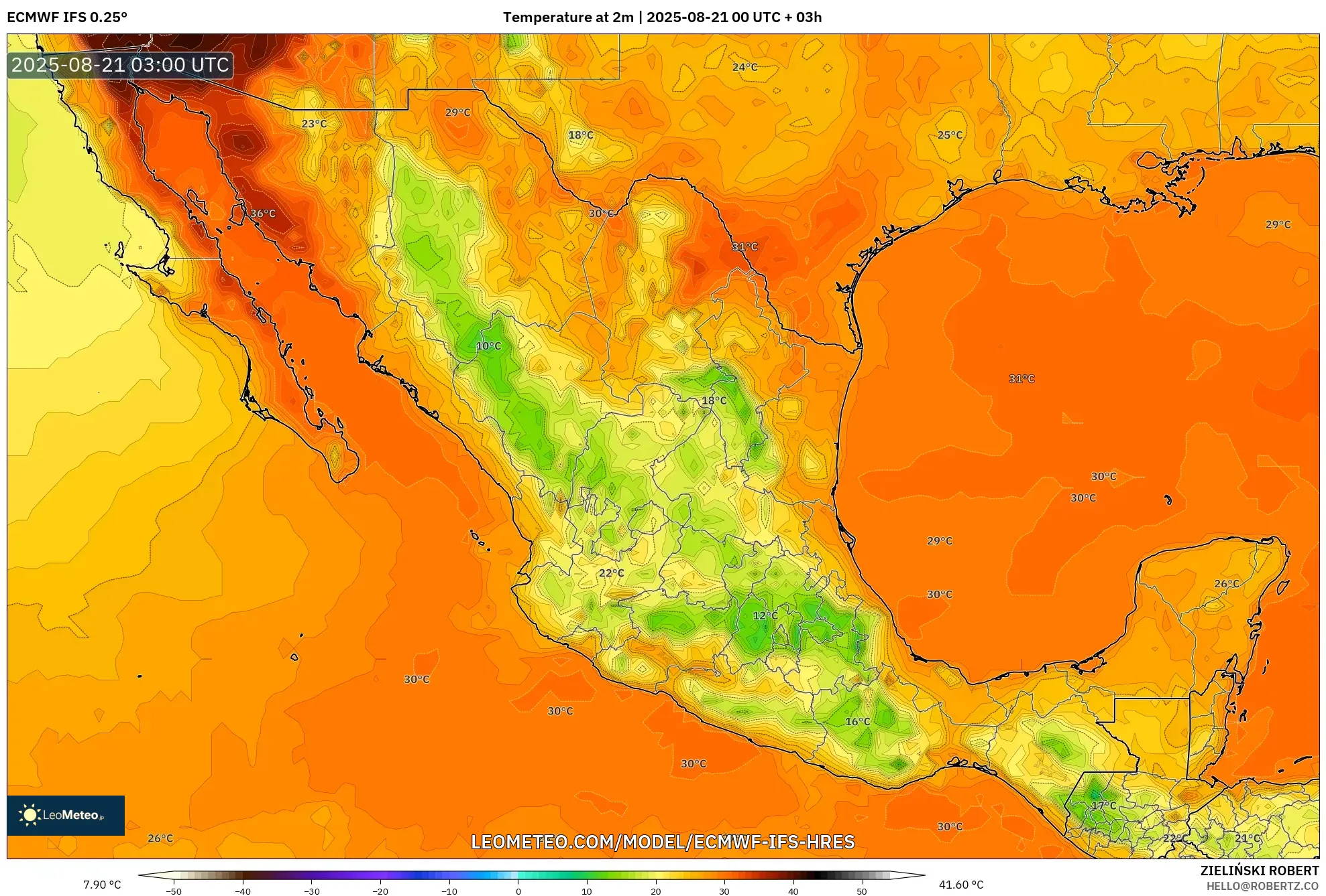 ECMWF IFS 0.25° model - Mexico, Temperature at 2m