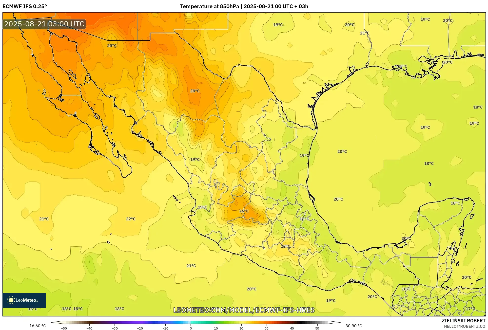 ECMWF IFS 0.25° model - Mexico, Temperature at 850hPa
