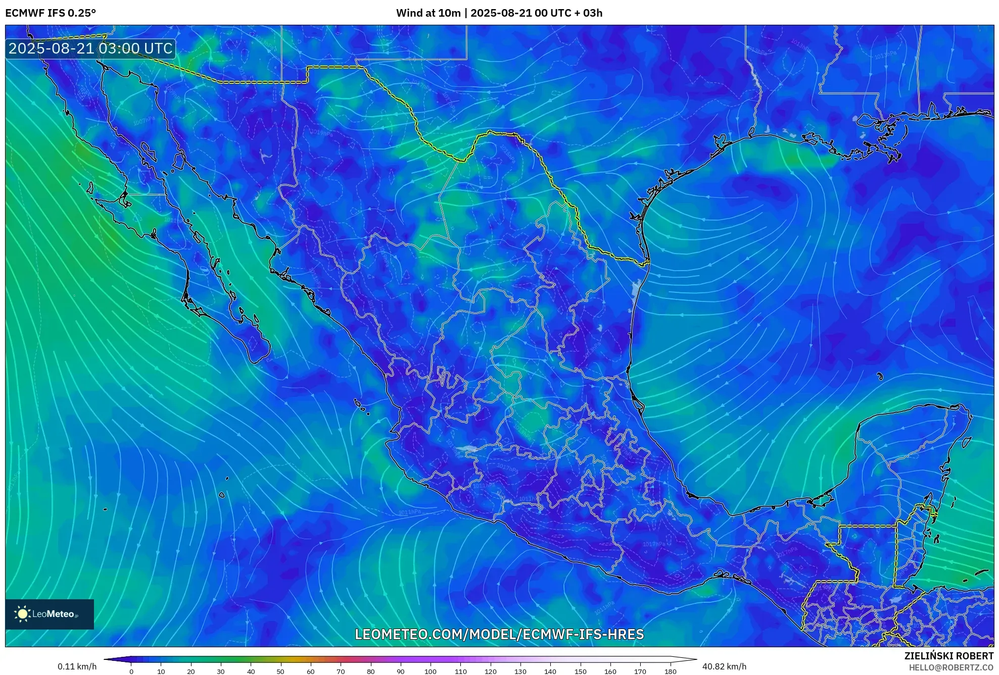 ECMWF IFS 0.25° model - Mexico, Wind at 10m