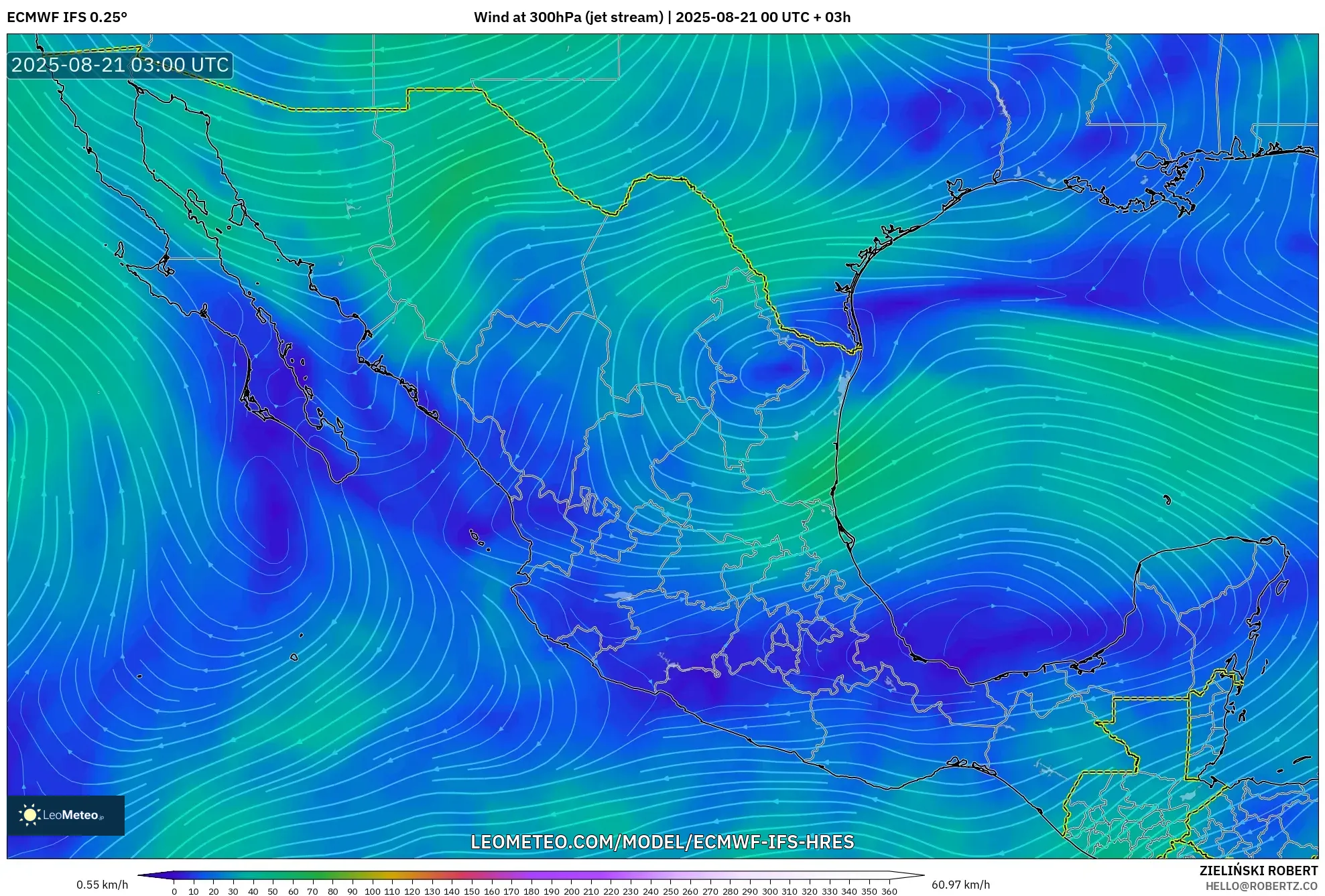 ECMWF IFS 0.25° model - Mexico, Wind at 300hPa (jet stream)