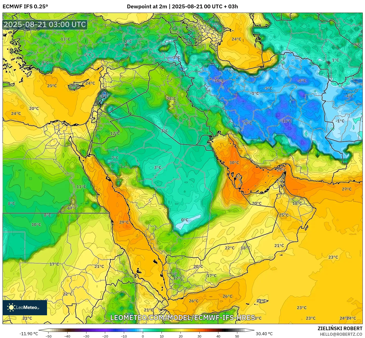 ECMWF IFS 0.25° model - Middle East, Dewpoint at 2m