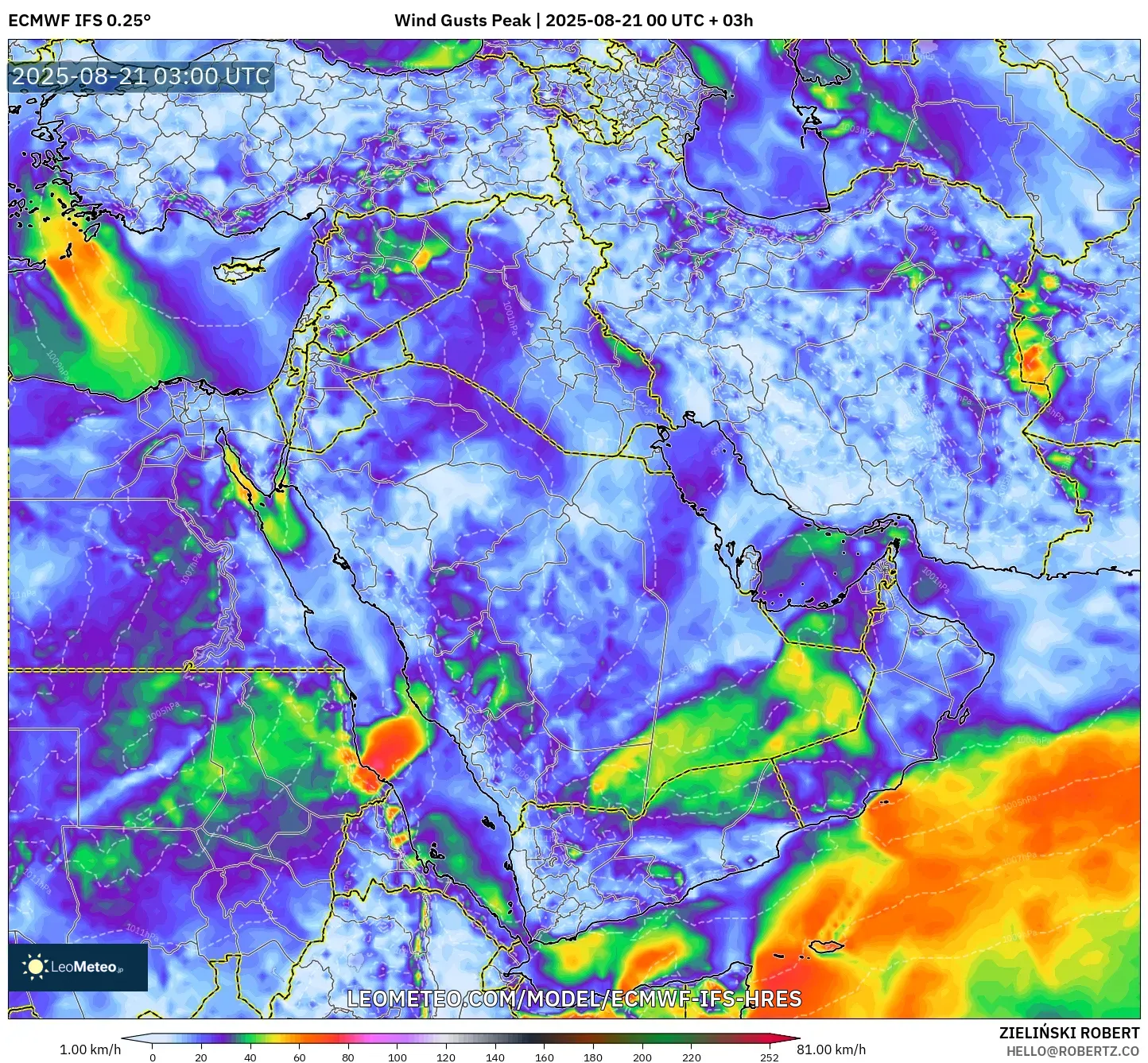 ECMWF IFS 0.25° model - Middle East, Wind Gusts Peak