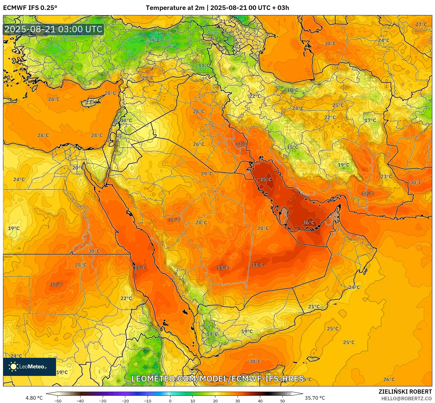ECMWF IFS 0.25° model - Middle East, Temperature at 2m ECMWF IFS 0.25° model - Middle East, Temperature at 2m