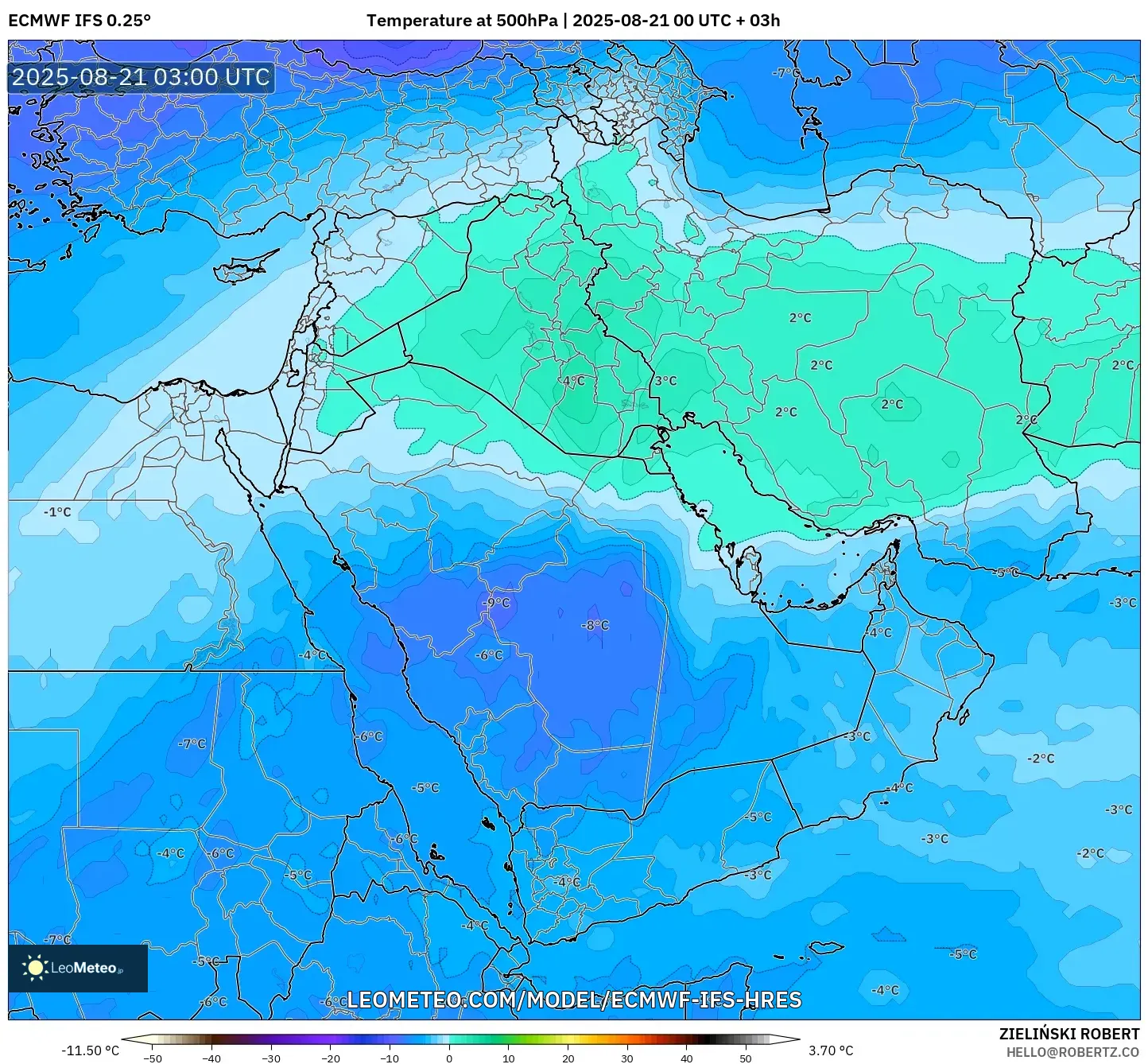 ECMWF IFS 0.25° model - Middle East, Temperature at 500hPa