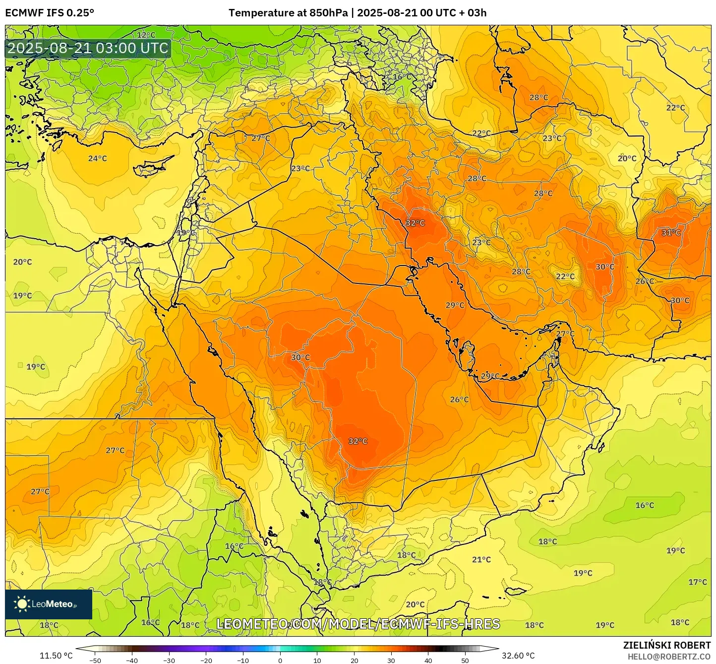 ECMWF IFS 0.25° model - Middle East, Temperature at 850hPa