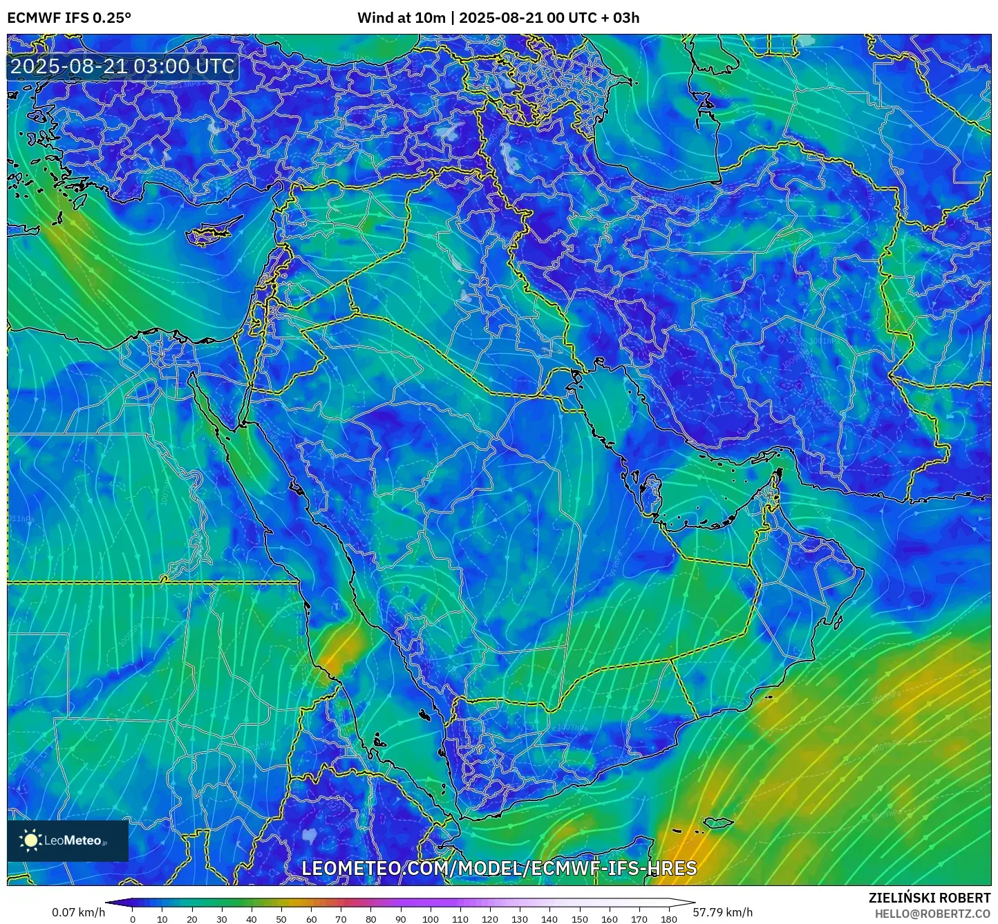 ECMWF IFS 0.25° model - Middle East, Wind at 10m
