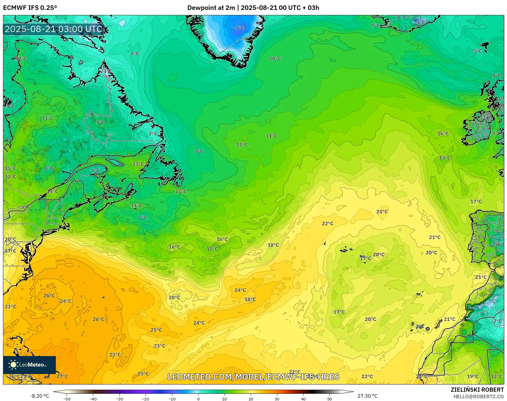 ECMWF IFS 0.25° model - North Atlantic, Dewpoint at 2m