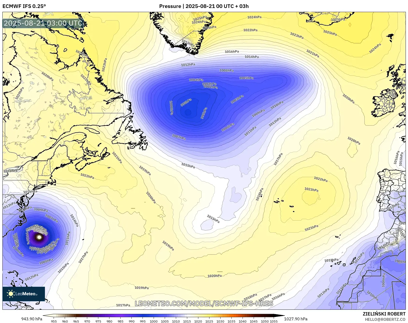 ECMWF IFS 0.25° model - North Atlantic, Pressure