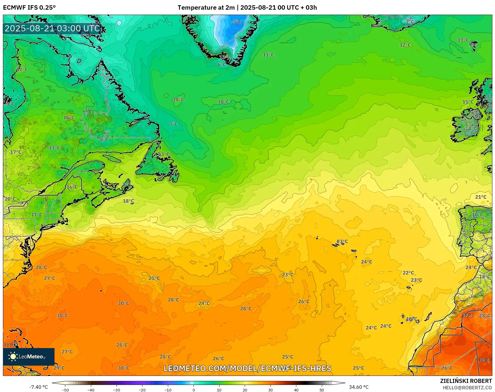 ECMWF IFS 0.25° model - North Atlantic, Temperature at 2m