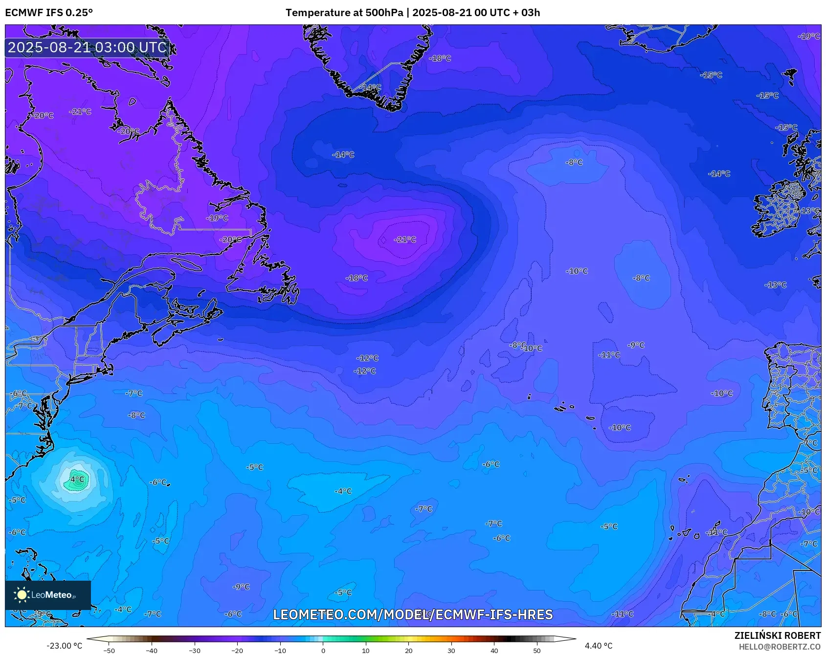 ECMWF IFS 0.25° model - North Atlantic, Temperature at 500hPa