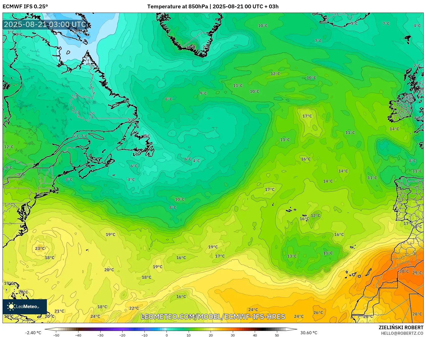 ECMWF IFS 0.25° model - North Atlantic, Temperature at 850hPa