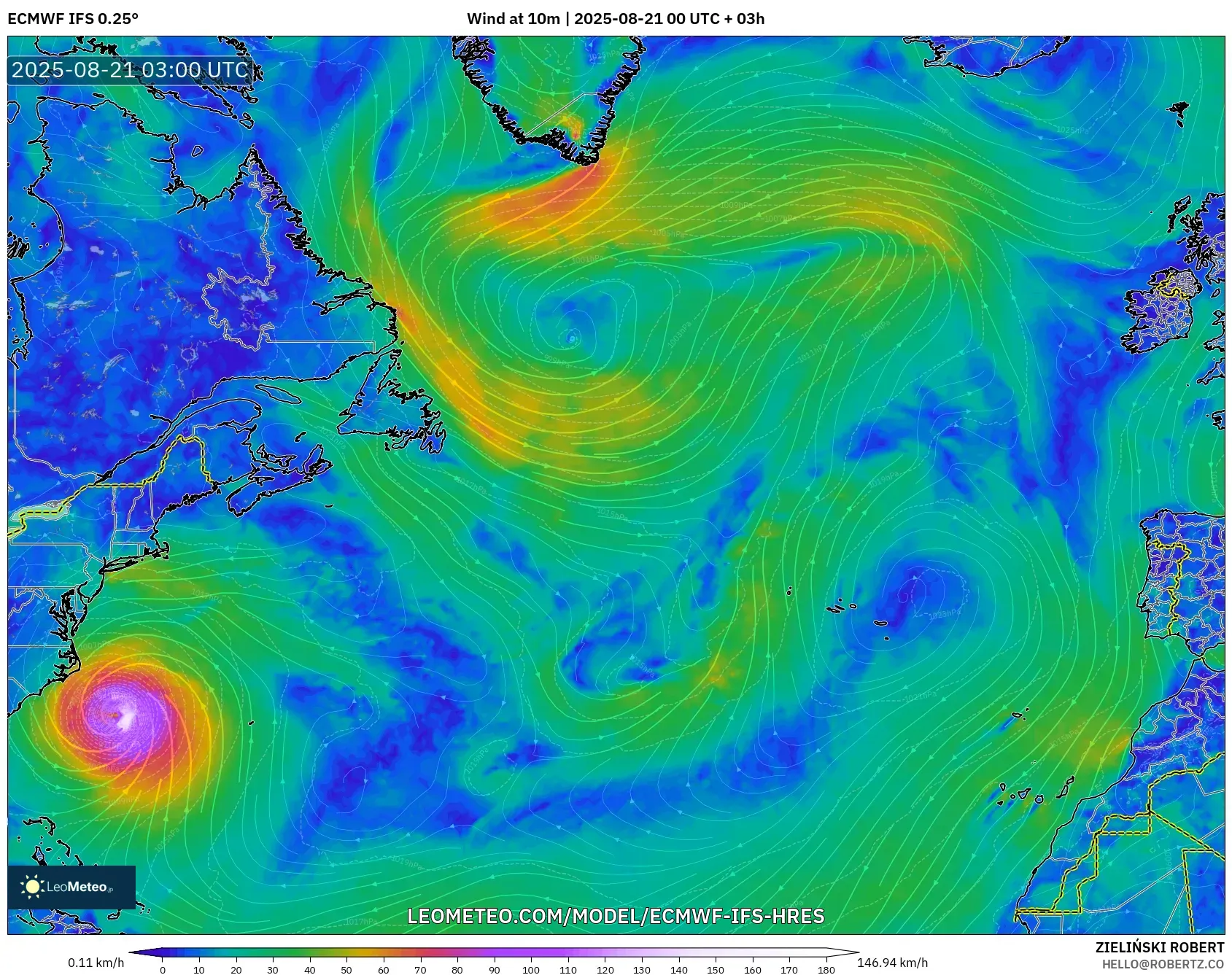 ECMWF IFS 0.25° model - North Atlantic, Wind at 10m