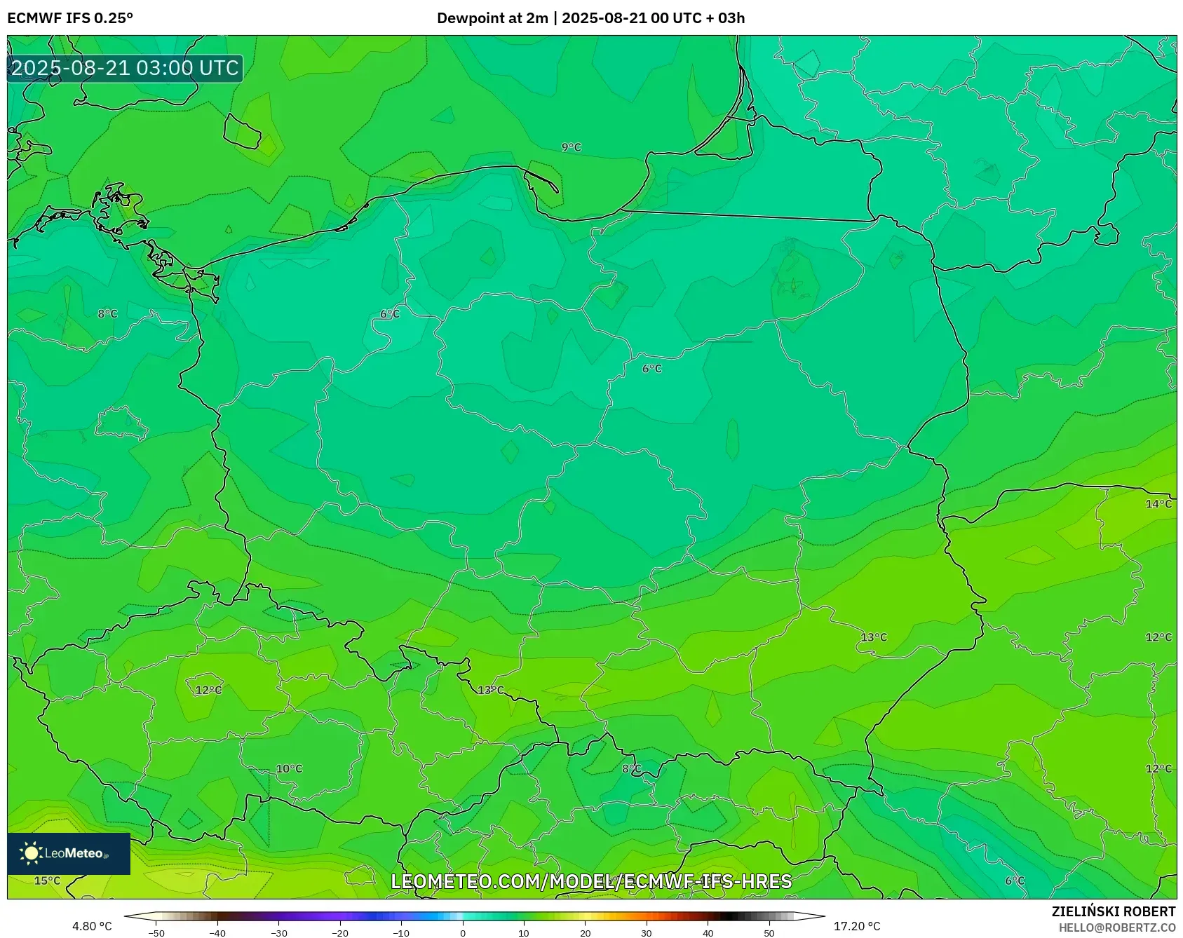 ECMWF IFS 0.25° model - Poland, Dewpoint at 2m