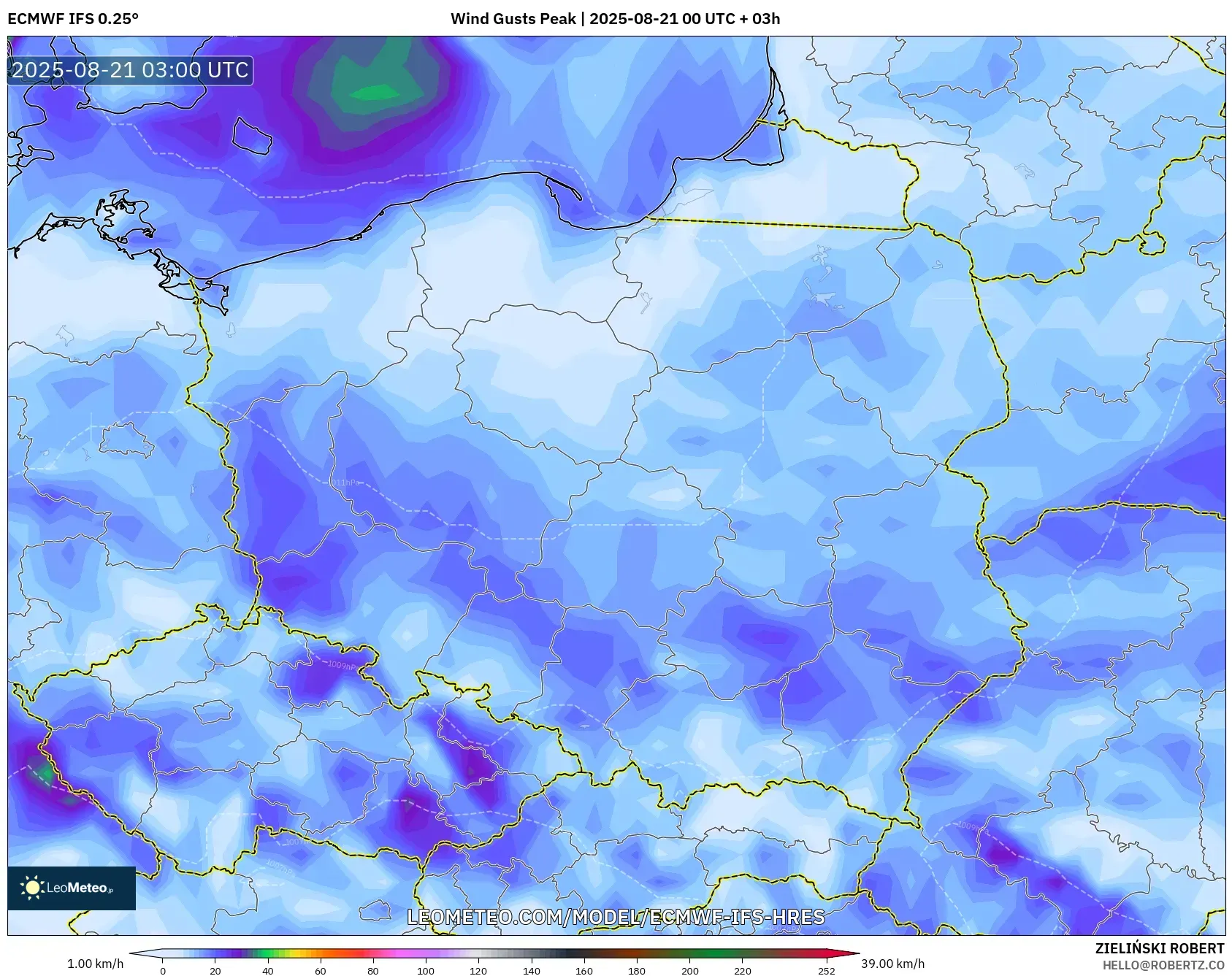 ECMWF IFS 0.25° model - Poland, Wind Gusts Peak