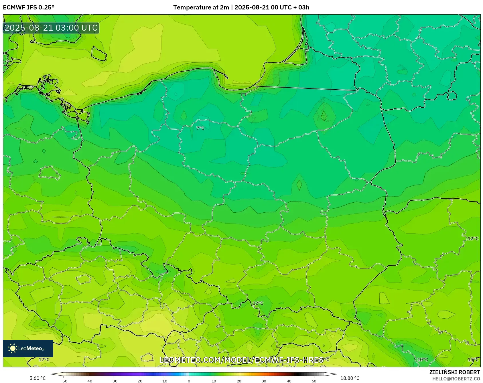 ECMWF IFS 0.25° model - Poland, Temperature at 2m