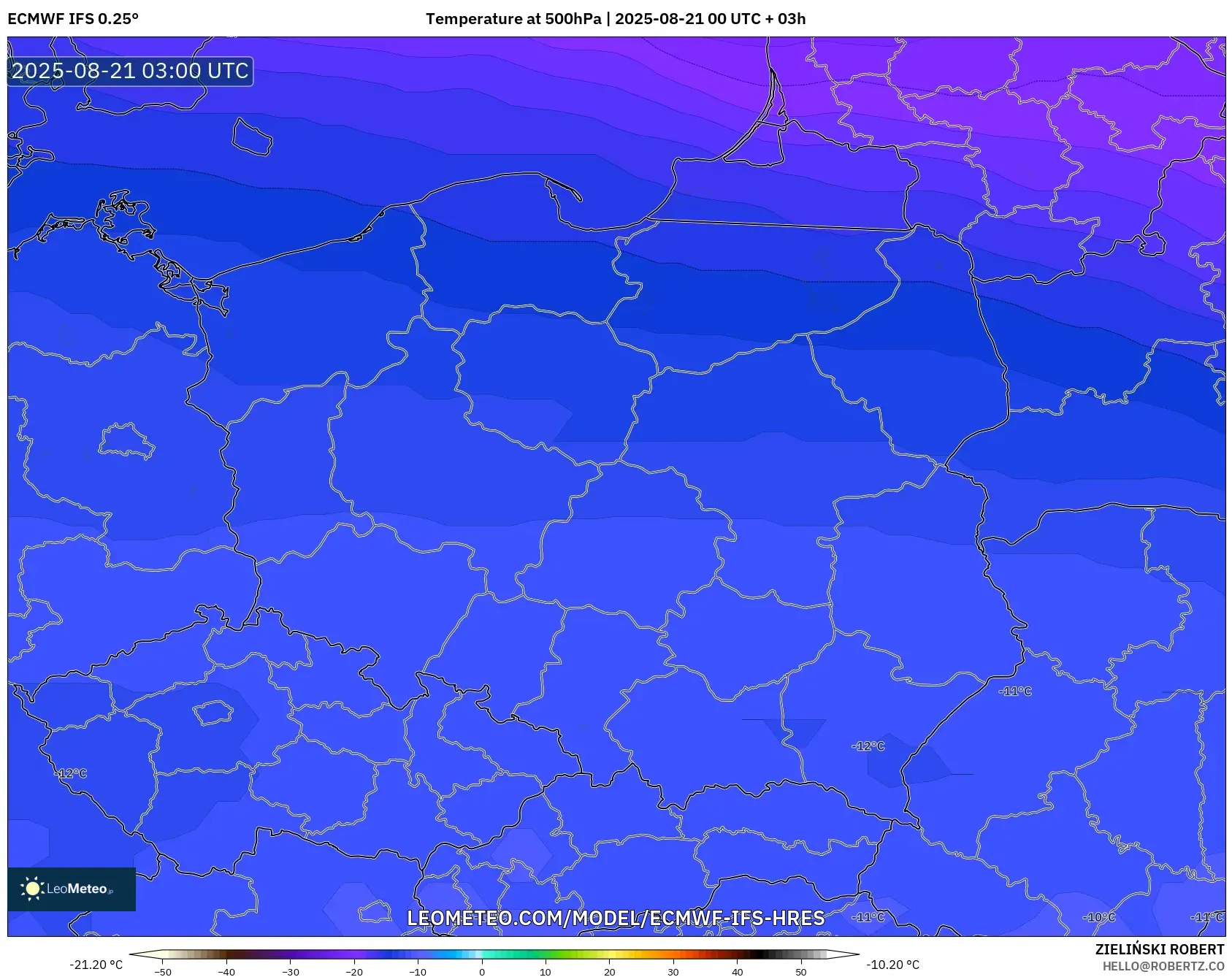 ECMWF IFS 0.25° model - Poland, Temperature at 500hPa