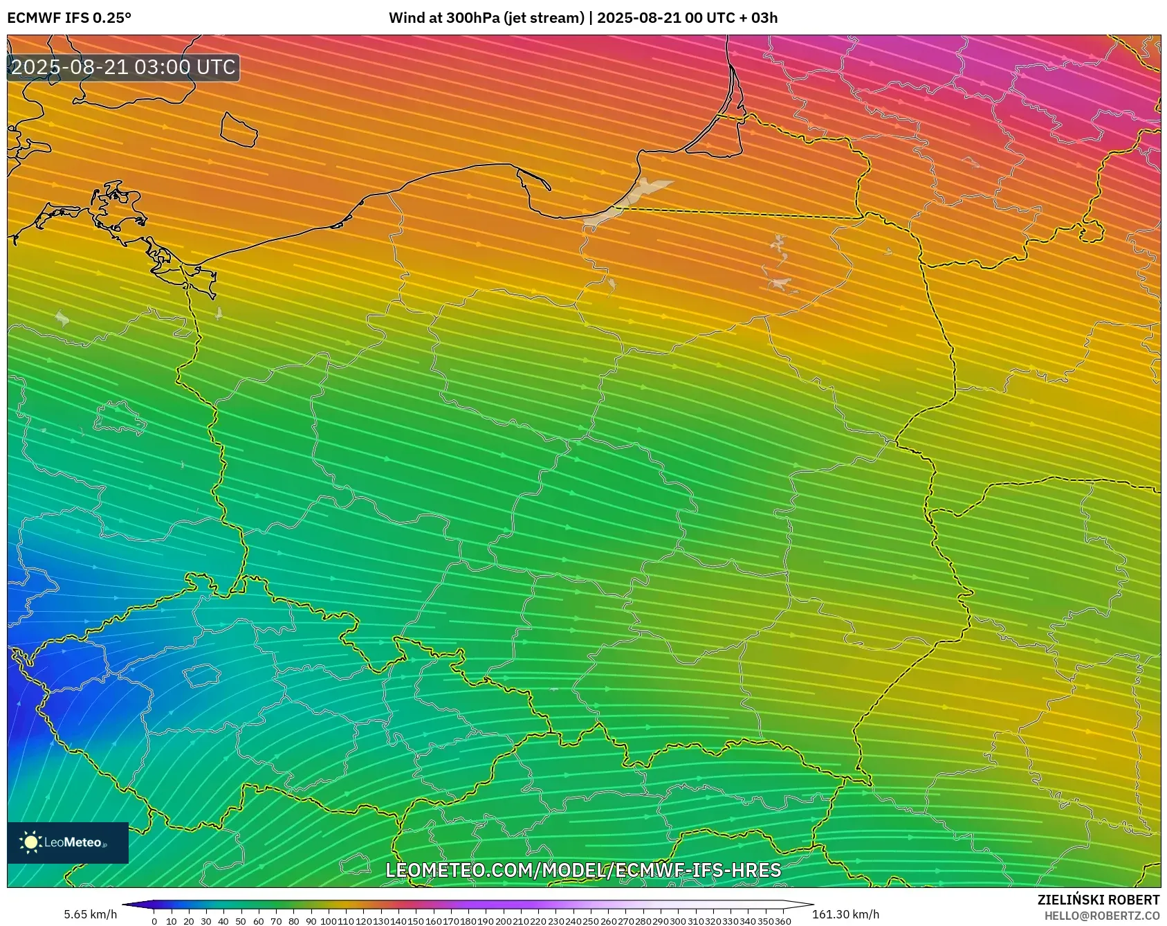 ECMWF IFS 0.25° model - Poland, Wind at 300hPa (jet stream)