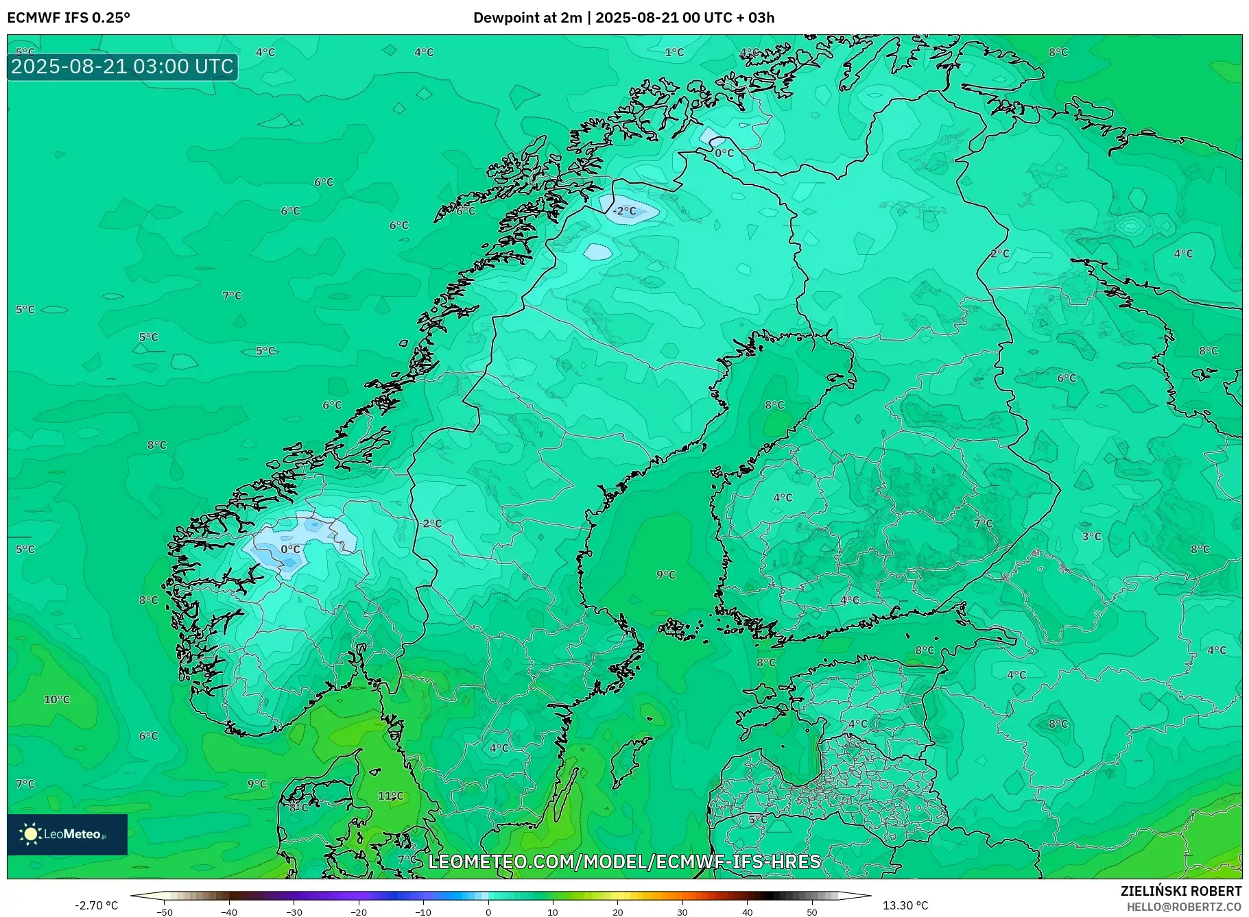 ECMWF IFS 0.25° model - Scandinavia, Dewpoint at 2m