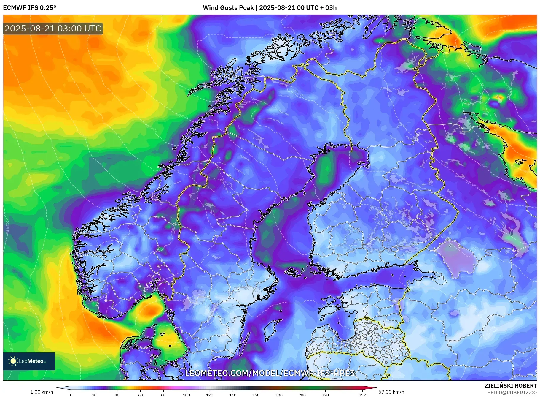 ECMWF IFS 0.25° model - Scandinavia, Wind Gusts Peak