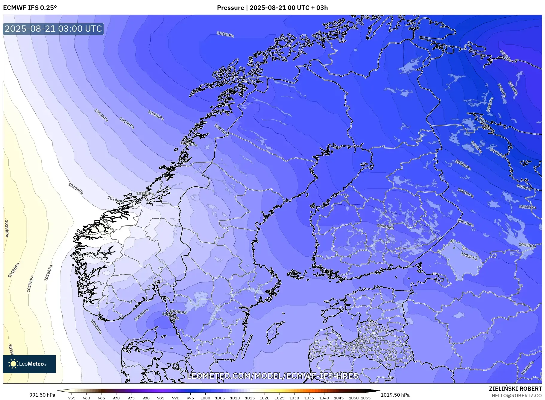 ECMWF IFS 0.25° model - Scandinavia, Pressure