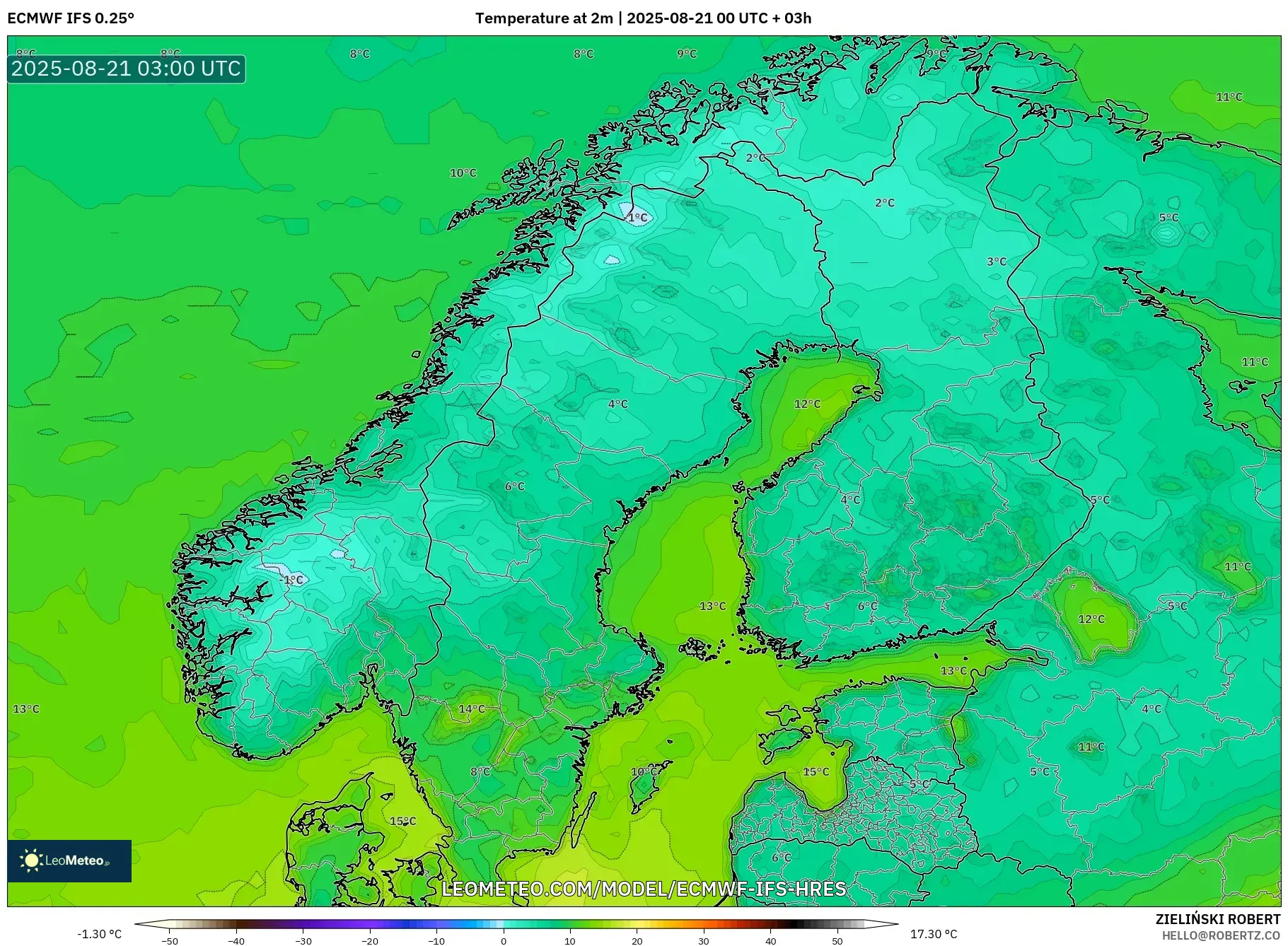 ECMWF IFS 0.25° model - Scandinavia, Temperature at 2m
