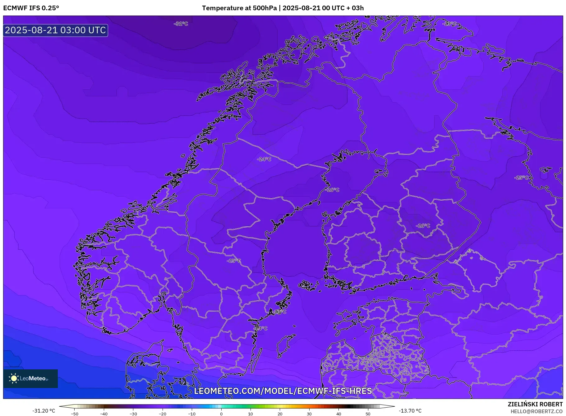 ECMWF IFS 0.25° model - Scandinavia, Temperature at 500hPa