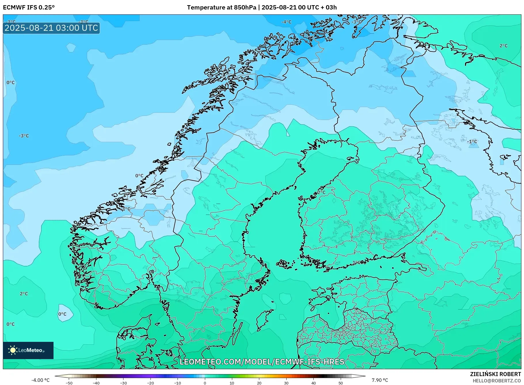 ECMWF IFS 0.25° model - Scandinavia, Temperature at 850hPa