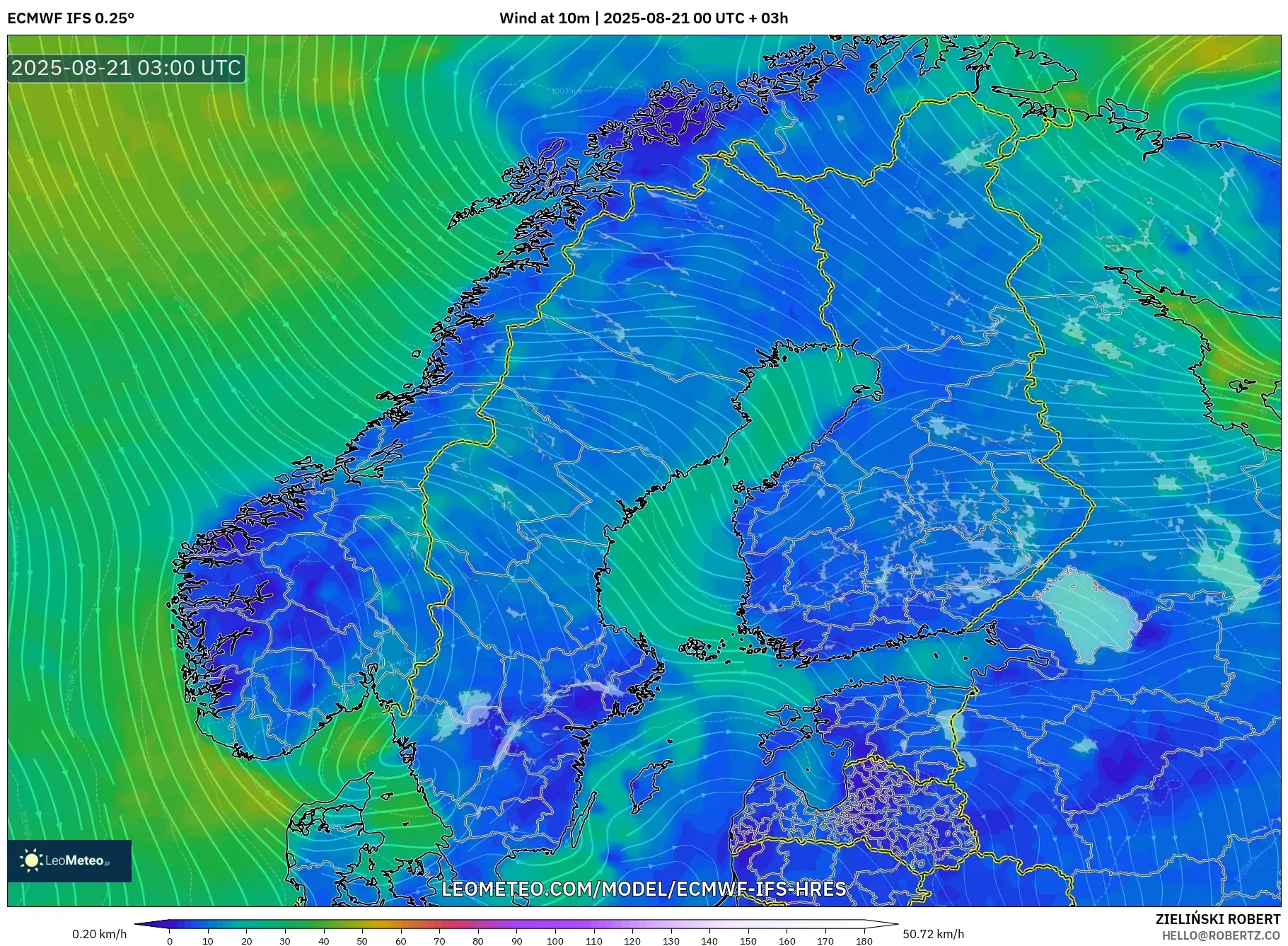 ECMWF IFS 0.25° model - Scandinavia, Wind at 10m