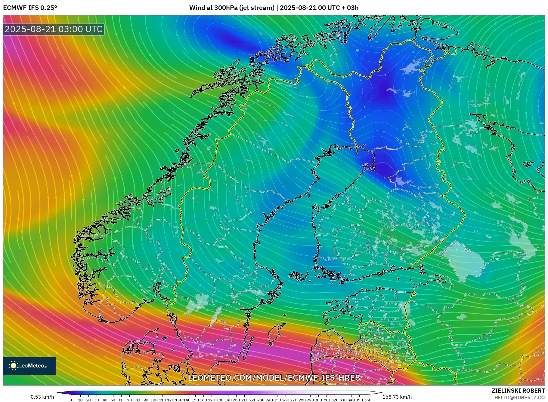 ECMWF IFS 0.25° model - Scandinavia, Wind at 300hPa (jet stream)
