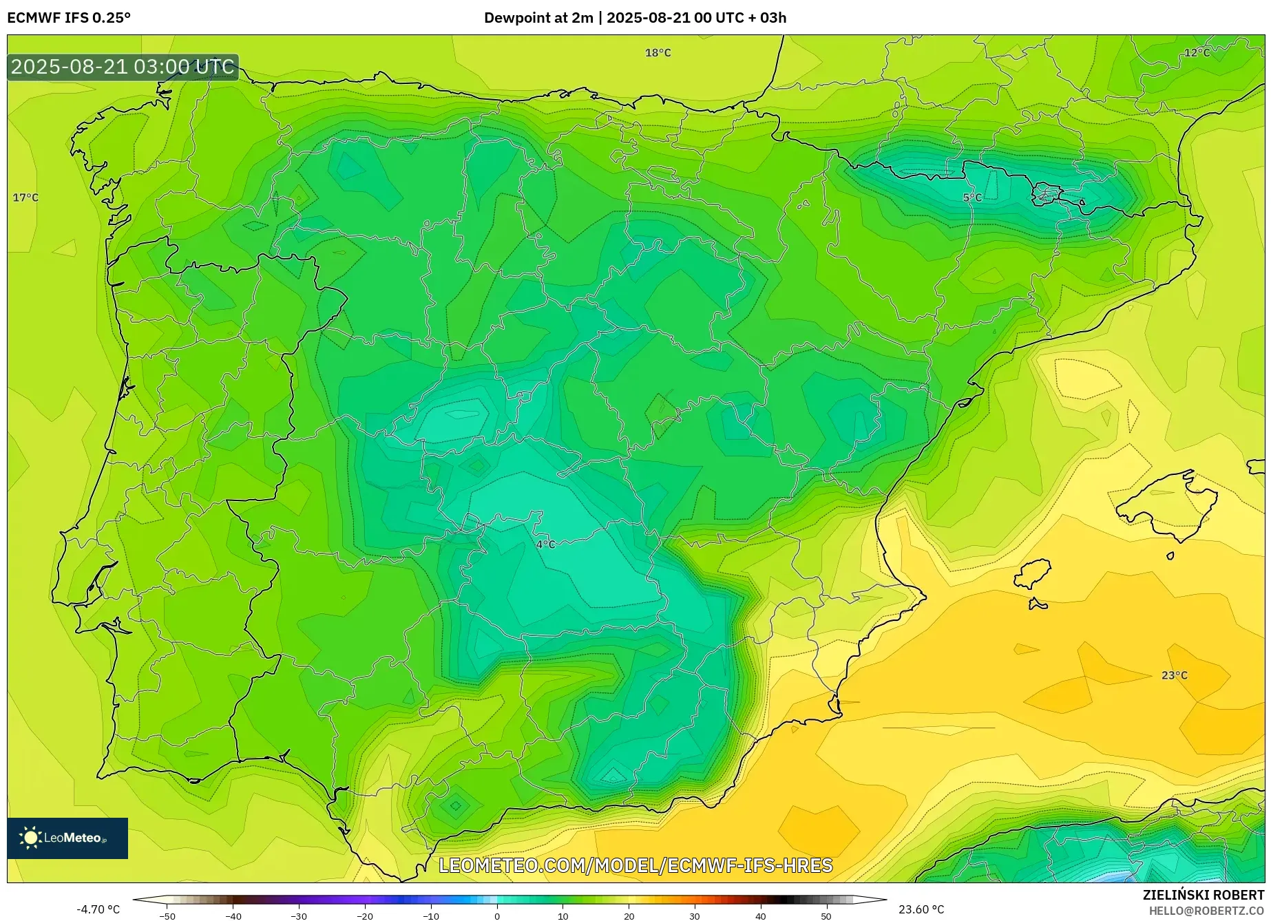 ECMWF IFS 0.25° model - Spain, Dewpoint at 2m