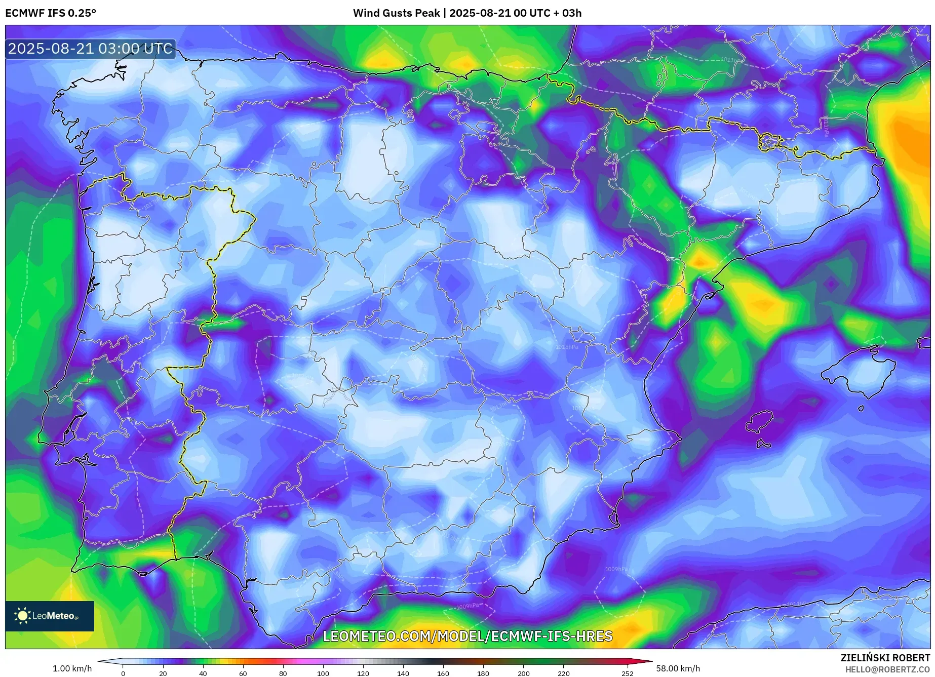 ECMWF IFS 0.25° model - Spain, Wind Gusts Peak ECMWF IFS 0.25° model - Spain, Wind Gusts Peak