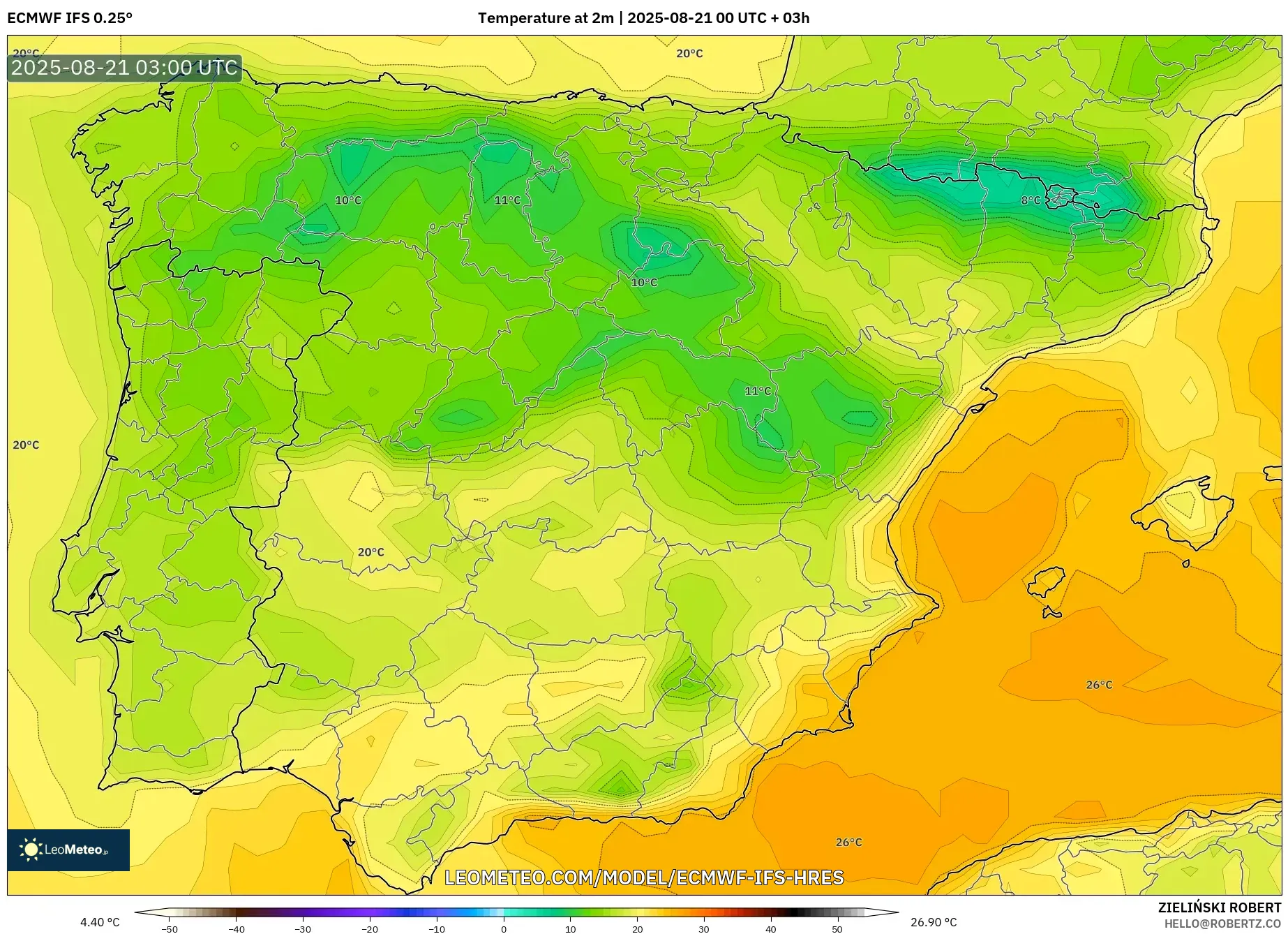 ECMWF IFS 0.25° model - Spain, Temperature at 2m ECMWF IFS 0.25° model - Spain, Temperature at 2m