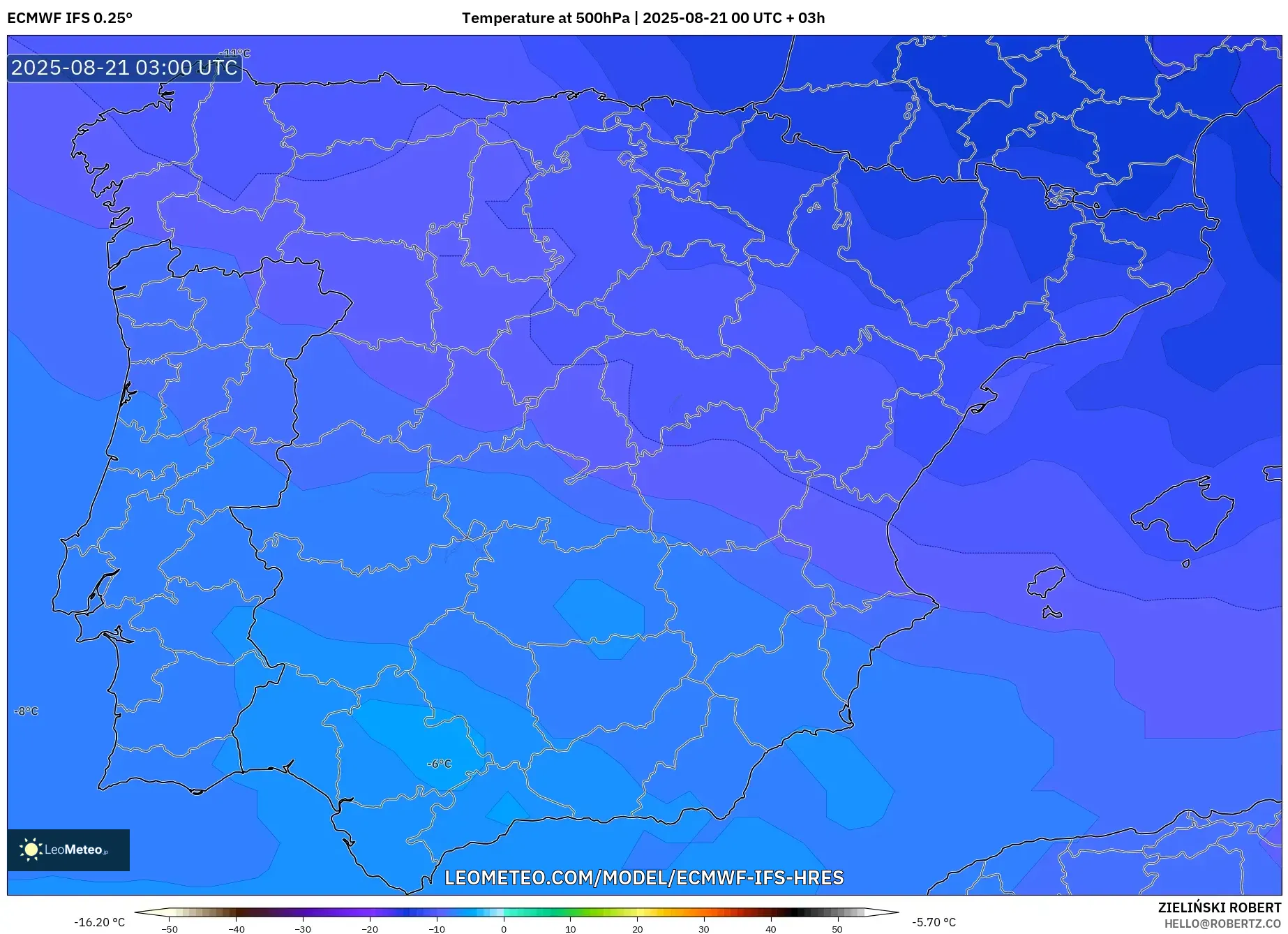ECMWF IFS 0.25° model - Spain, Temperature at 500hPa