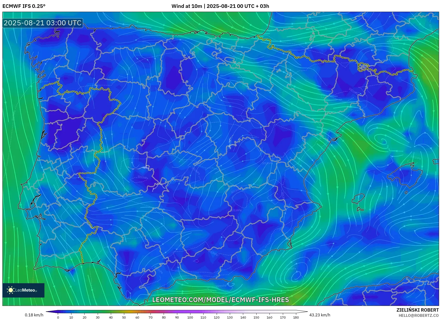 ECMWF IFS 0.25° model - Spain, Wind at 10m