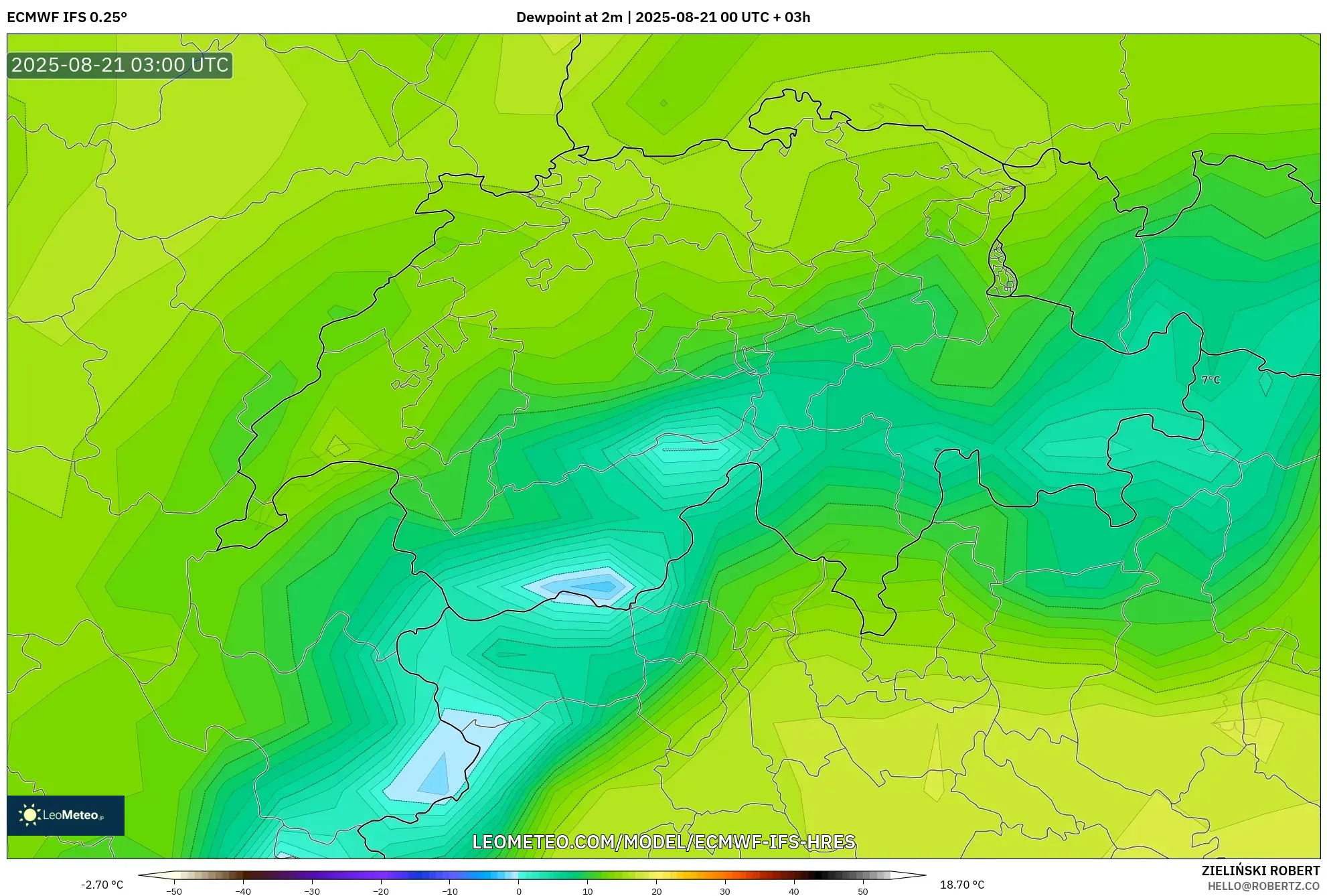 ECMWF IFS 0.25° model - Switzerland, Dewpoint at 2m