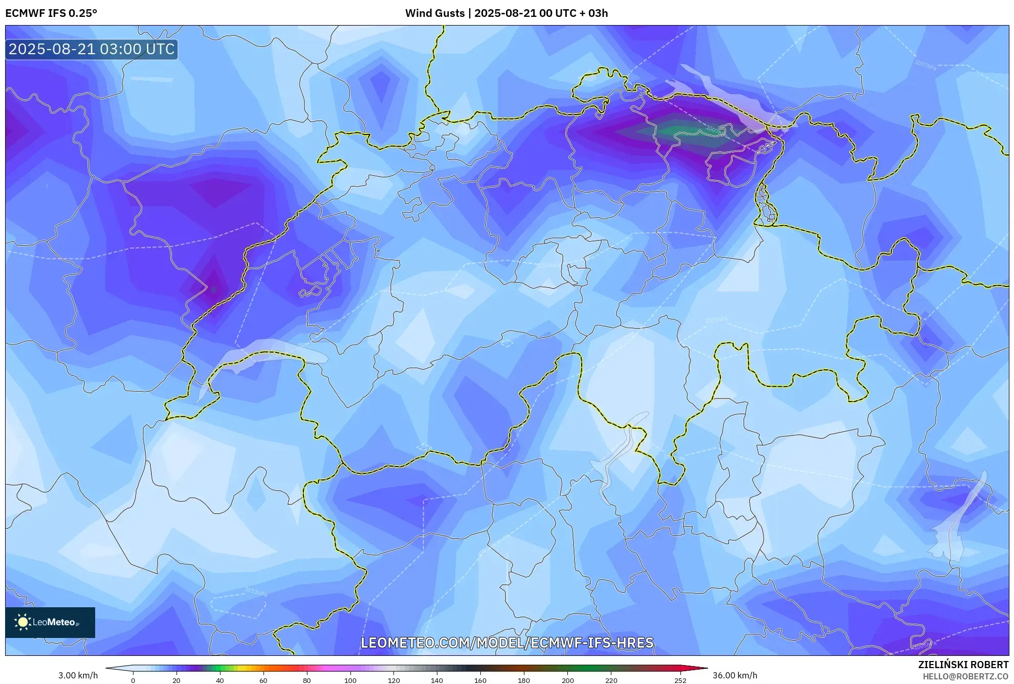 ECMWF IFS 0.25° model - Switzerland, Wind Gusts