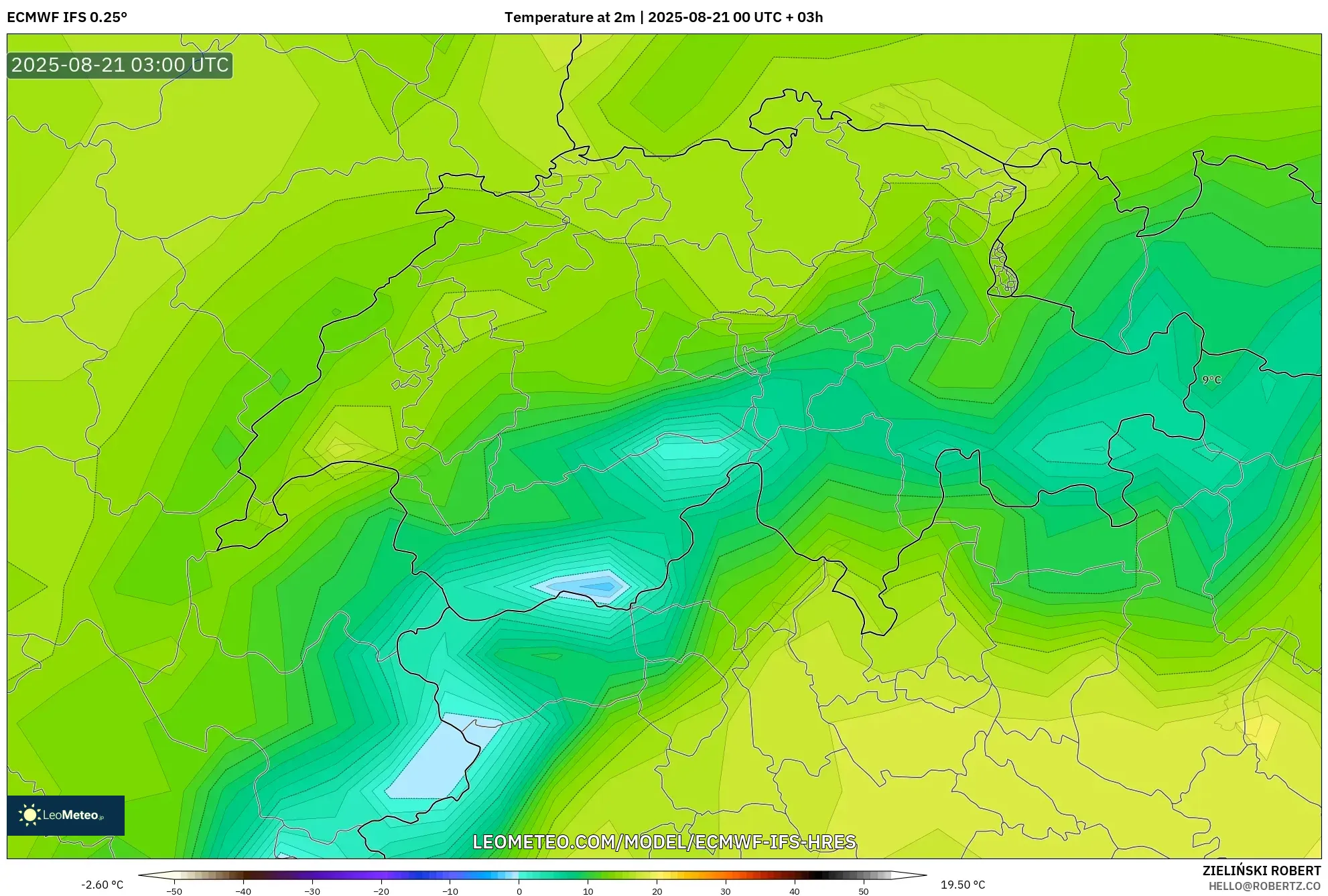 ECMWF IFS 0.25° model - Switzerland, Temperature at 2m