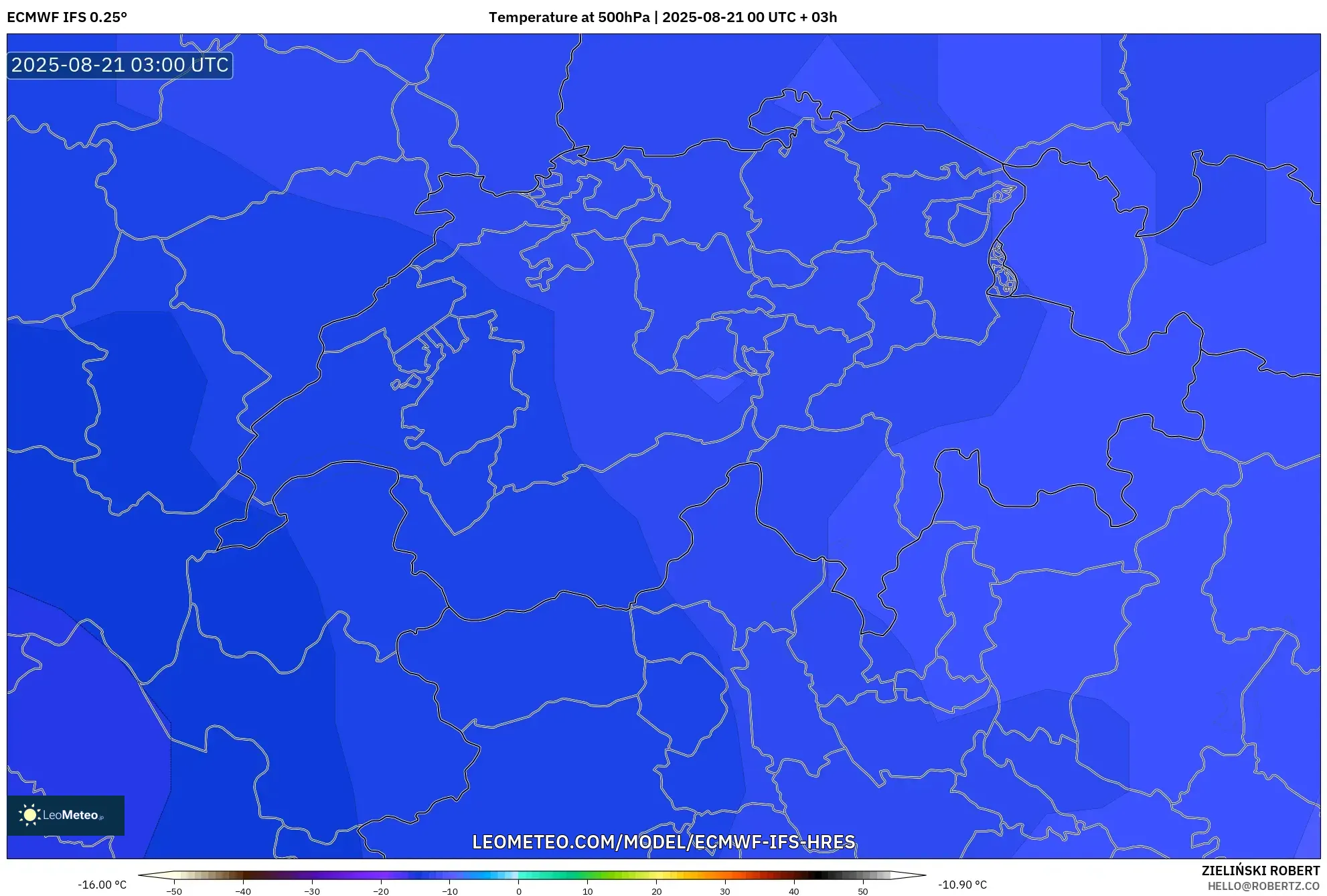 ECMWF IFS 0.25° model - Switzerland, Temperature at 500hPa
