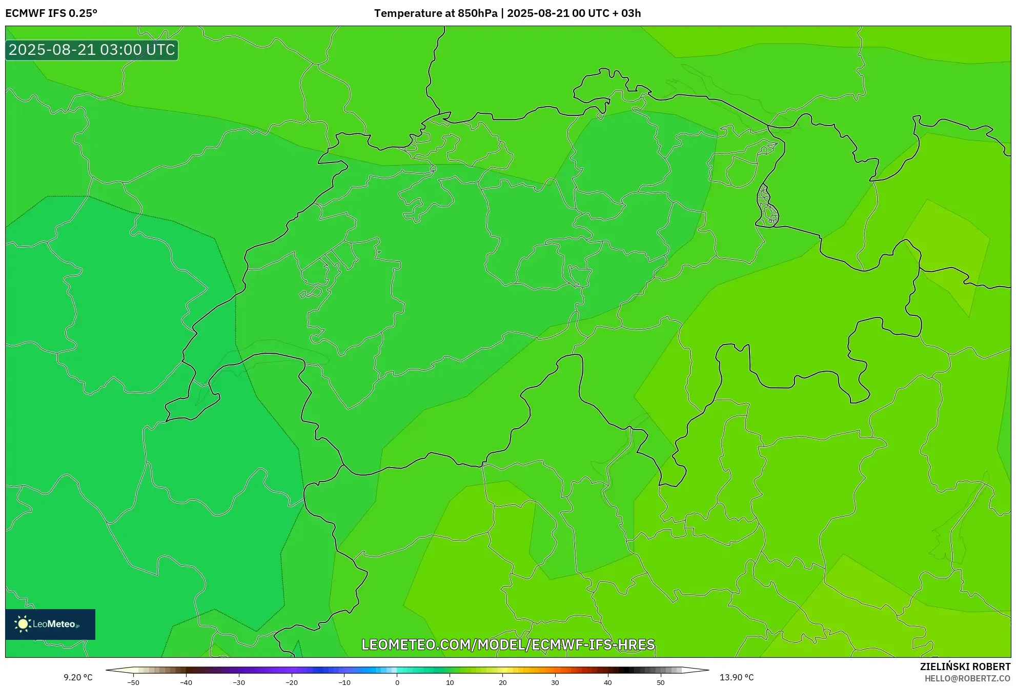 ECMWF IFS 0.25° model - Switzerland, Temperature at 850hPa