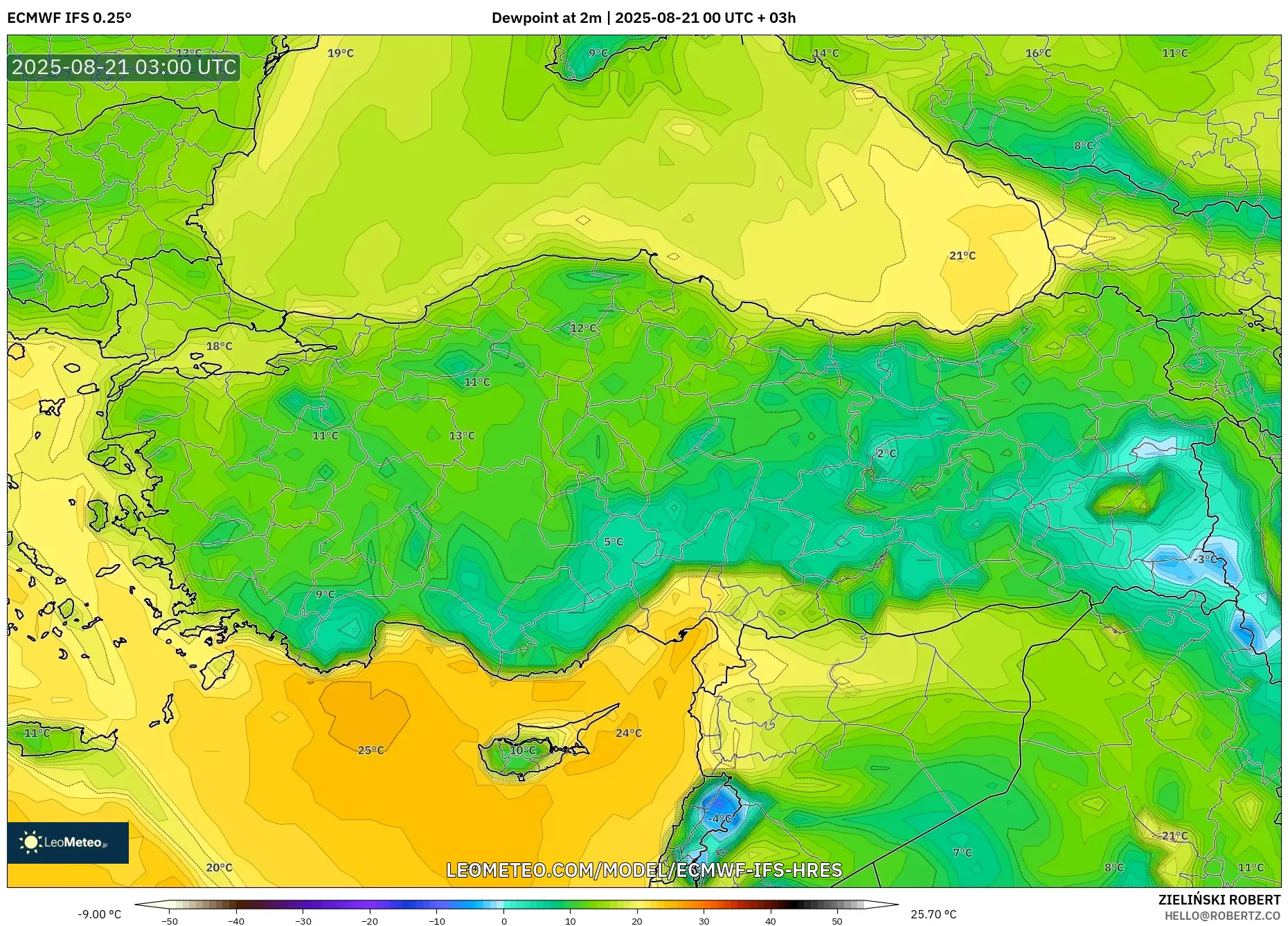 ECMWF IFS 0.25° model - Turkey, Dewpoint at 2m